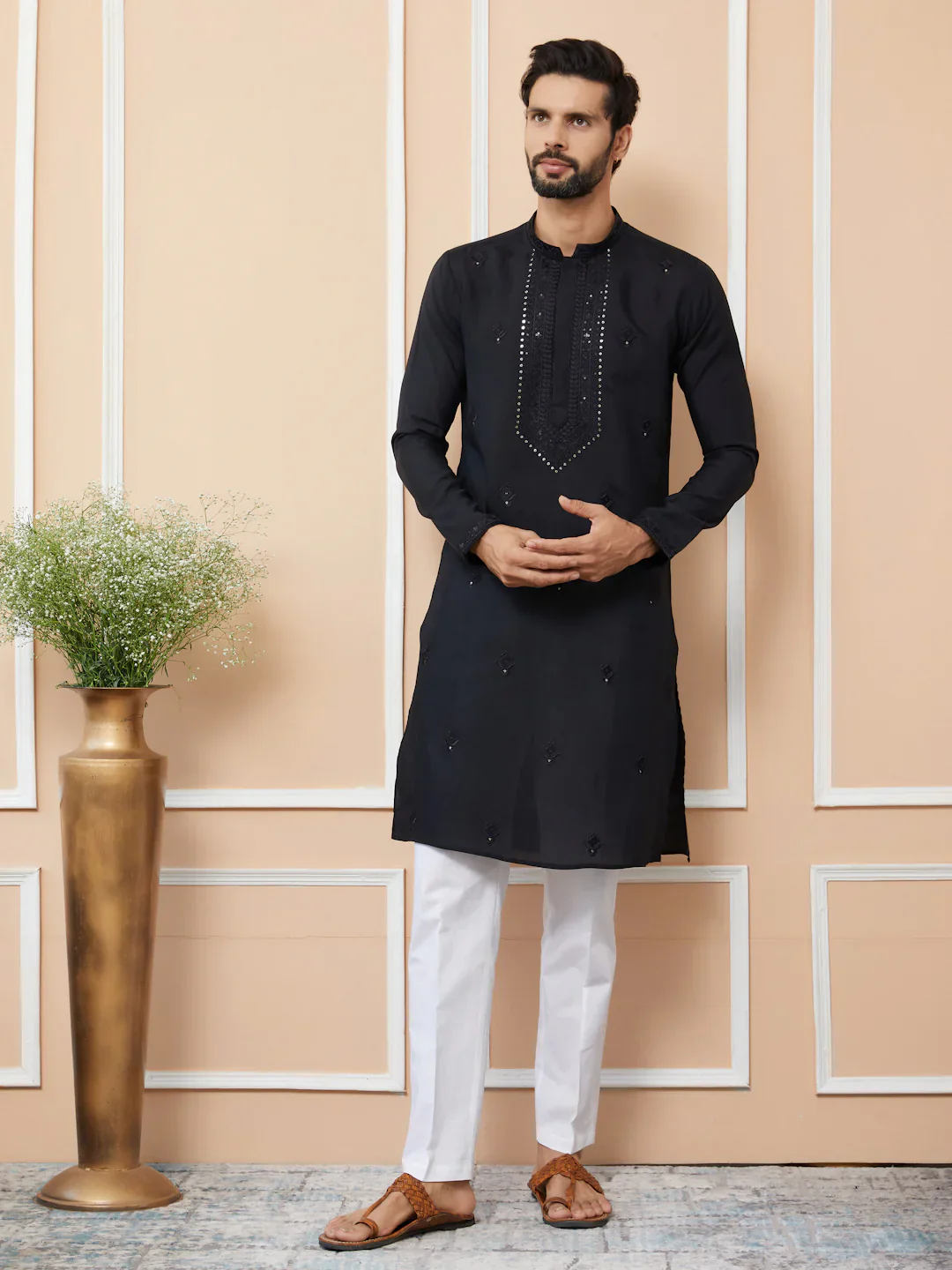 Men Black Embroidered Chanderi Silk Straight Kurta - Image 2