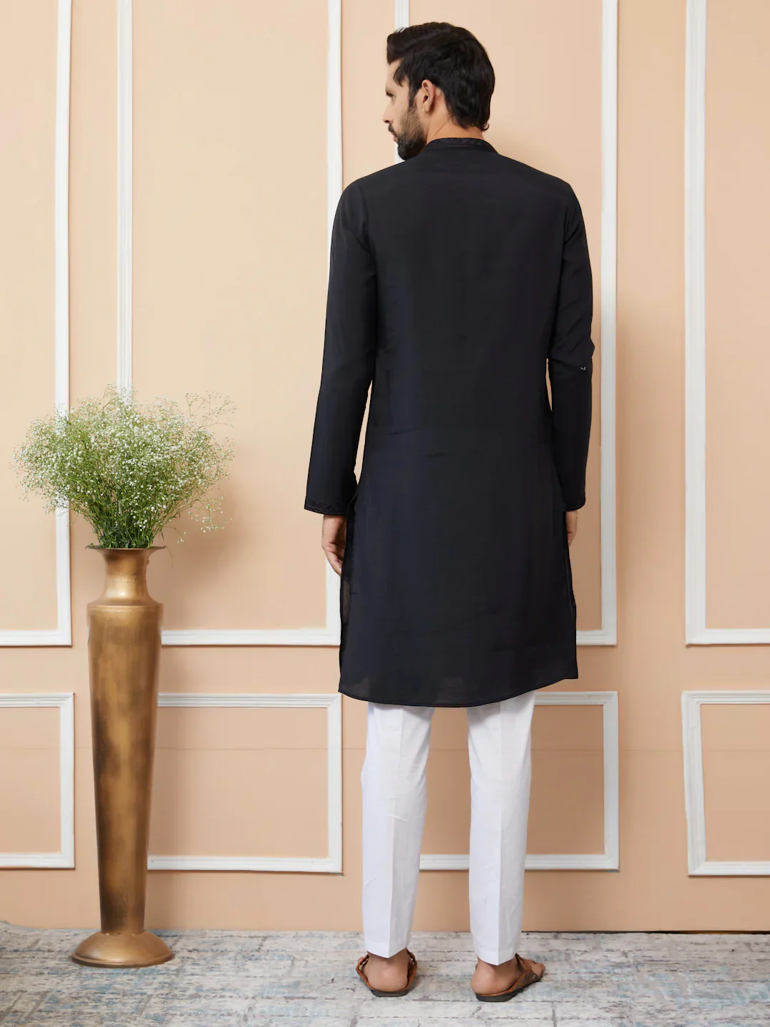Men Black Embroidered Chanderi Silk Straight Kurta - Image 3