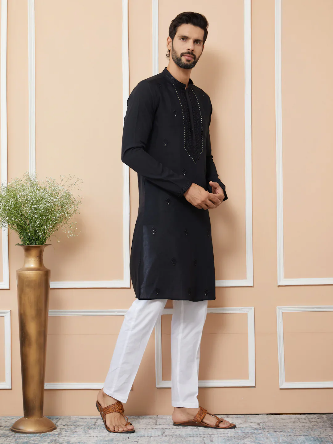 Men Black Embroidered Chanderi Silk Straight Kurta - Image 4