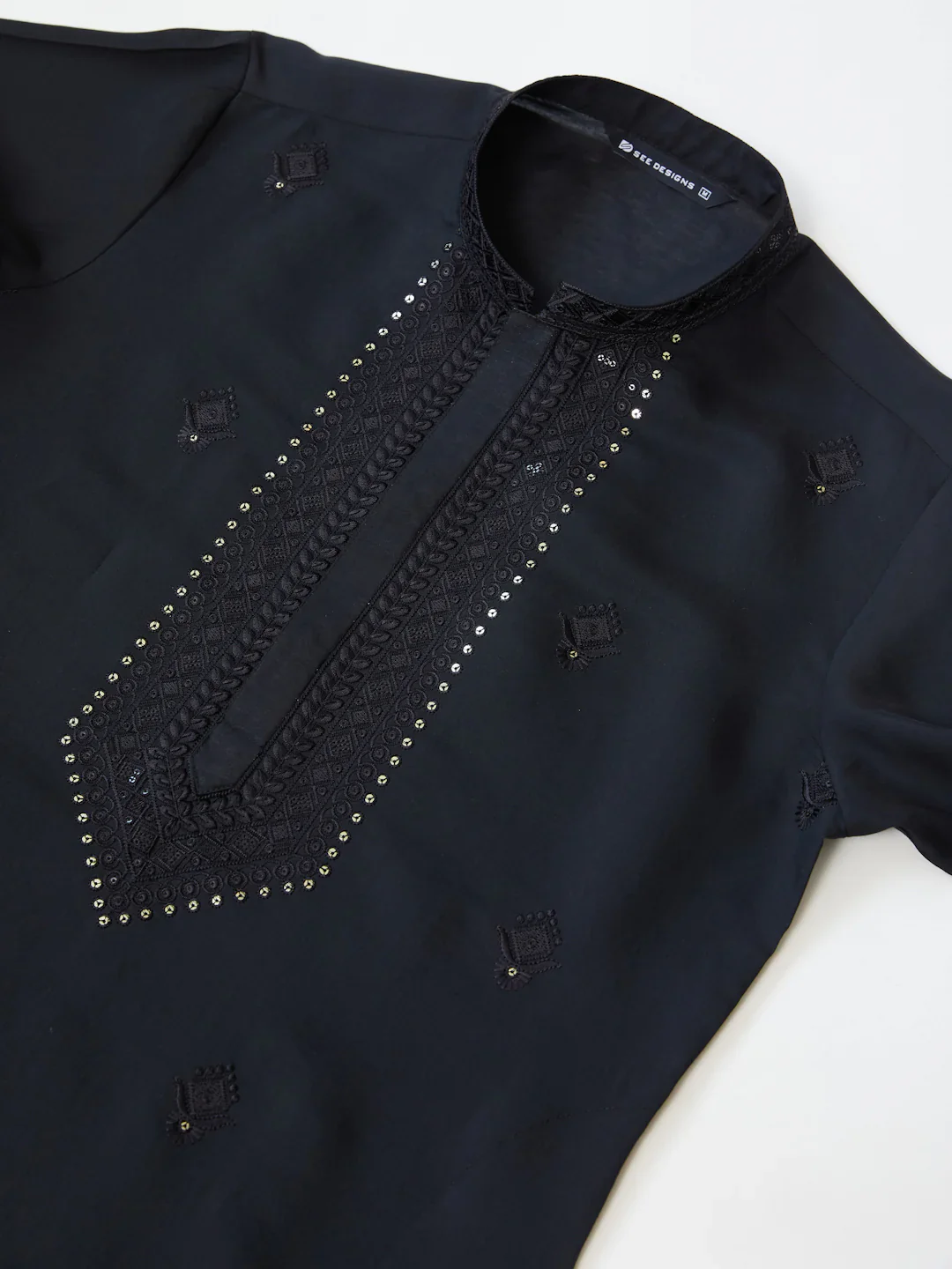 Men Black Embroidered Chanderi Silk Straight Kurta - Image 5