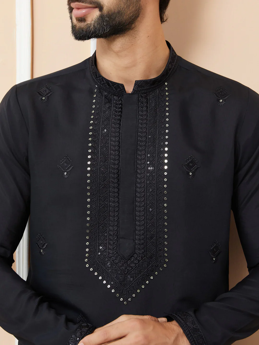 Men Black Embroidered Chanderi Silk Straight Kurta - Image 6