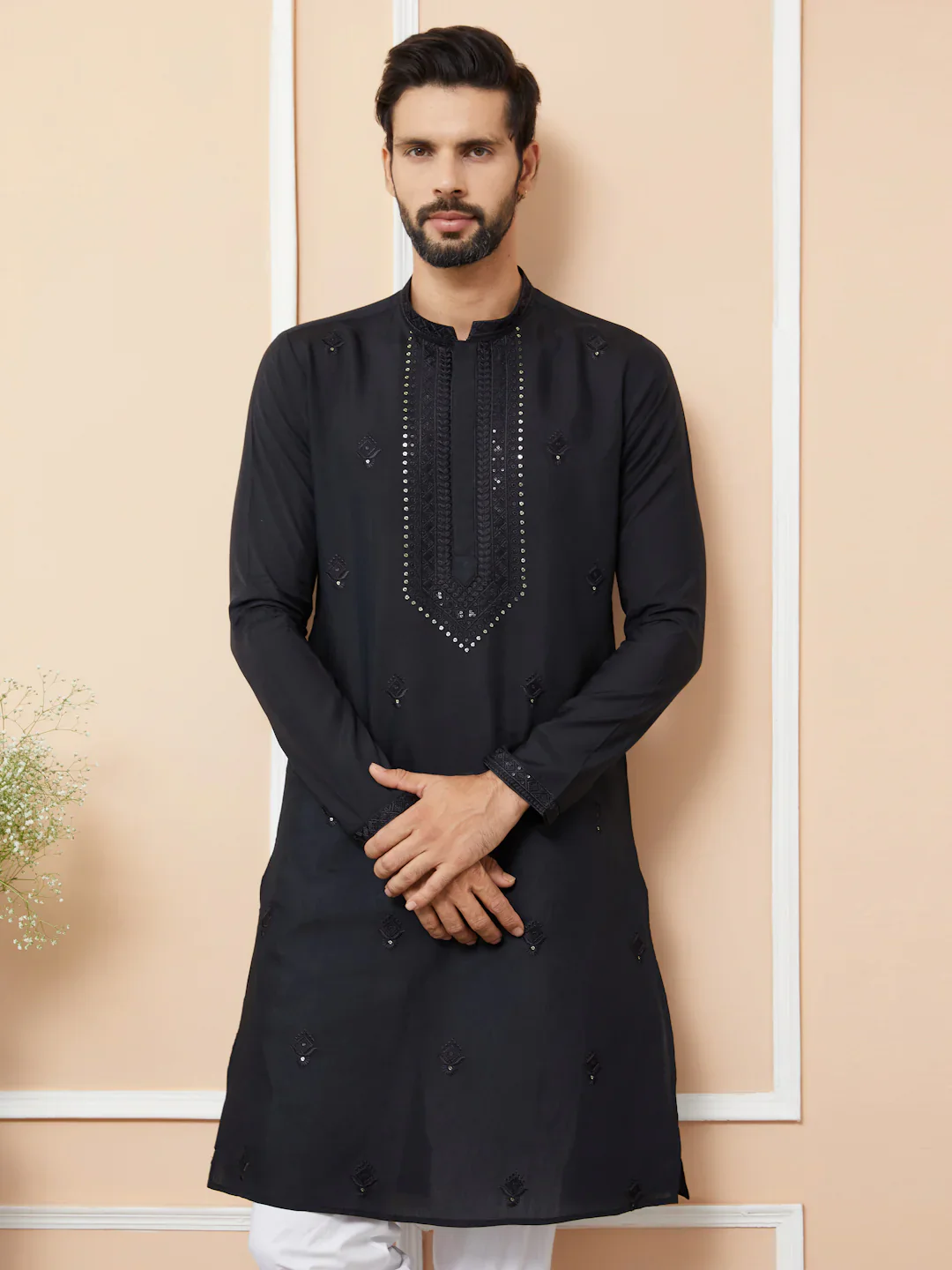 Men Black Embroidered Chanderi Silk Straight Kurta - Image 7