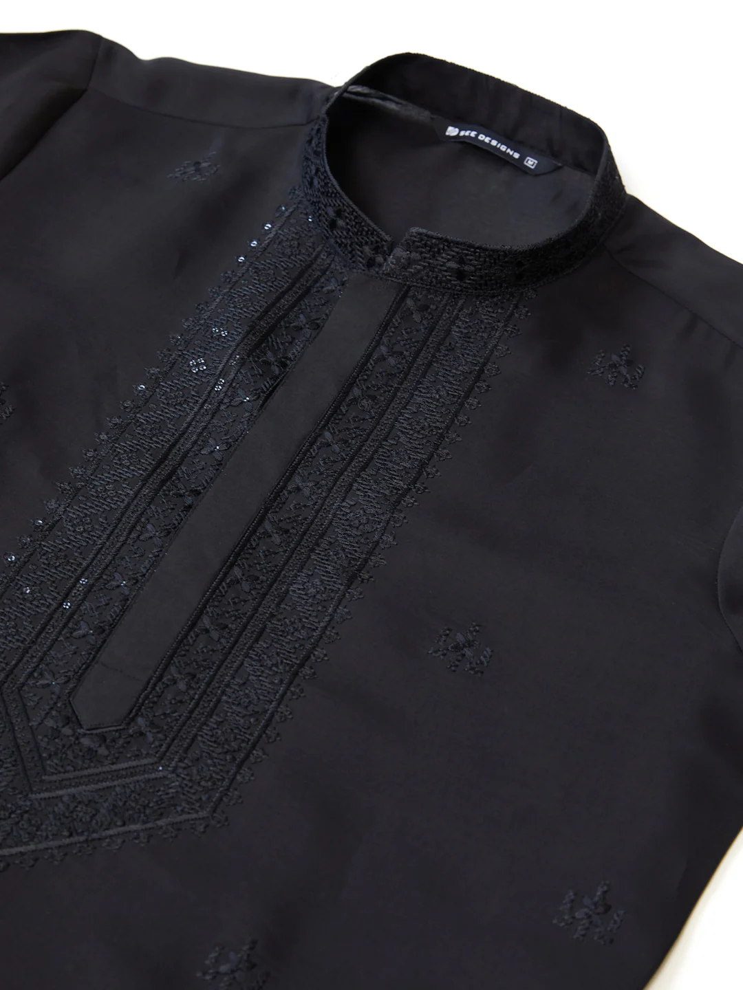 Men Black Embroidered Chanderi Silk Straight Kurta - Image 2