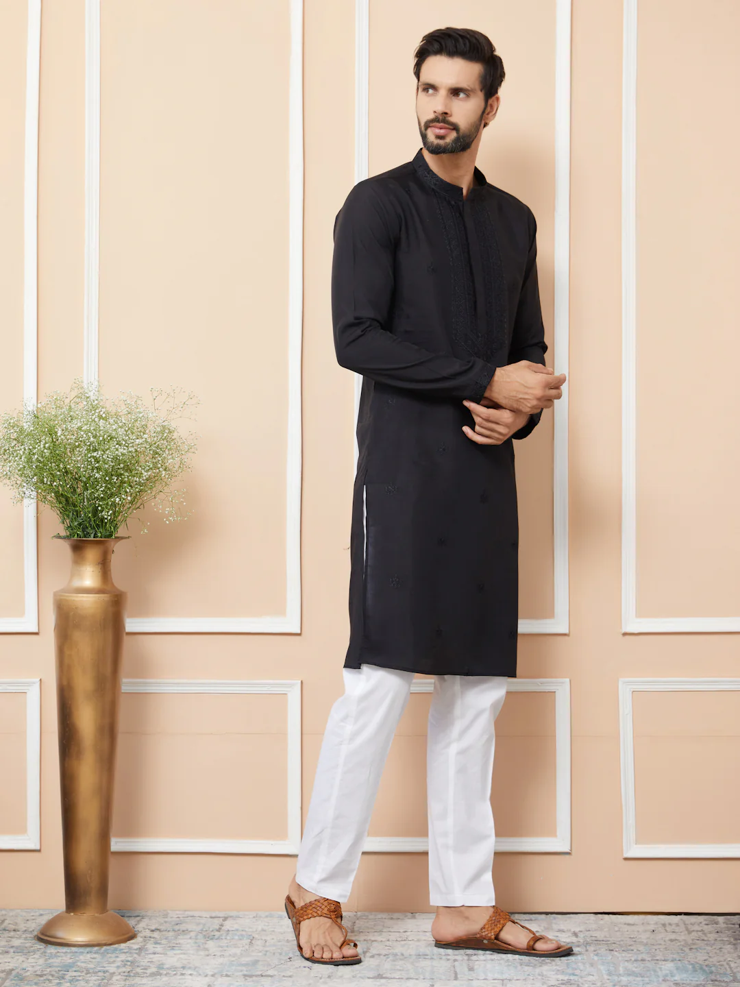 Men Black Embroidered Chanderi Silk Straight Kurta - Image 3