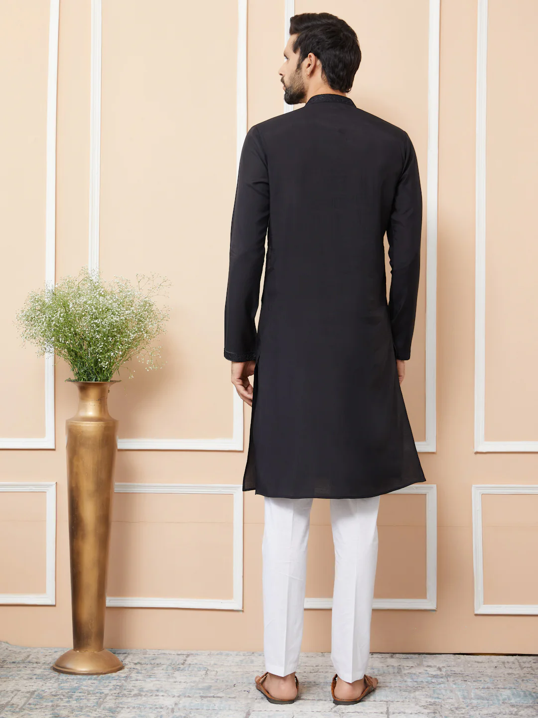 Men Black Embroidered Chanderi Silk Straight Kurta - Image 4
