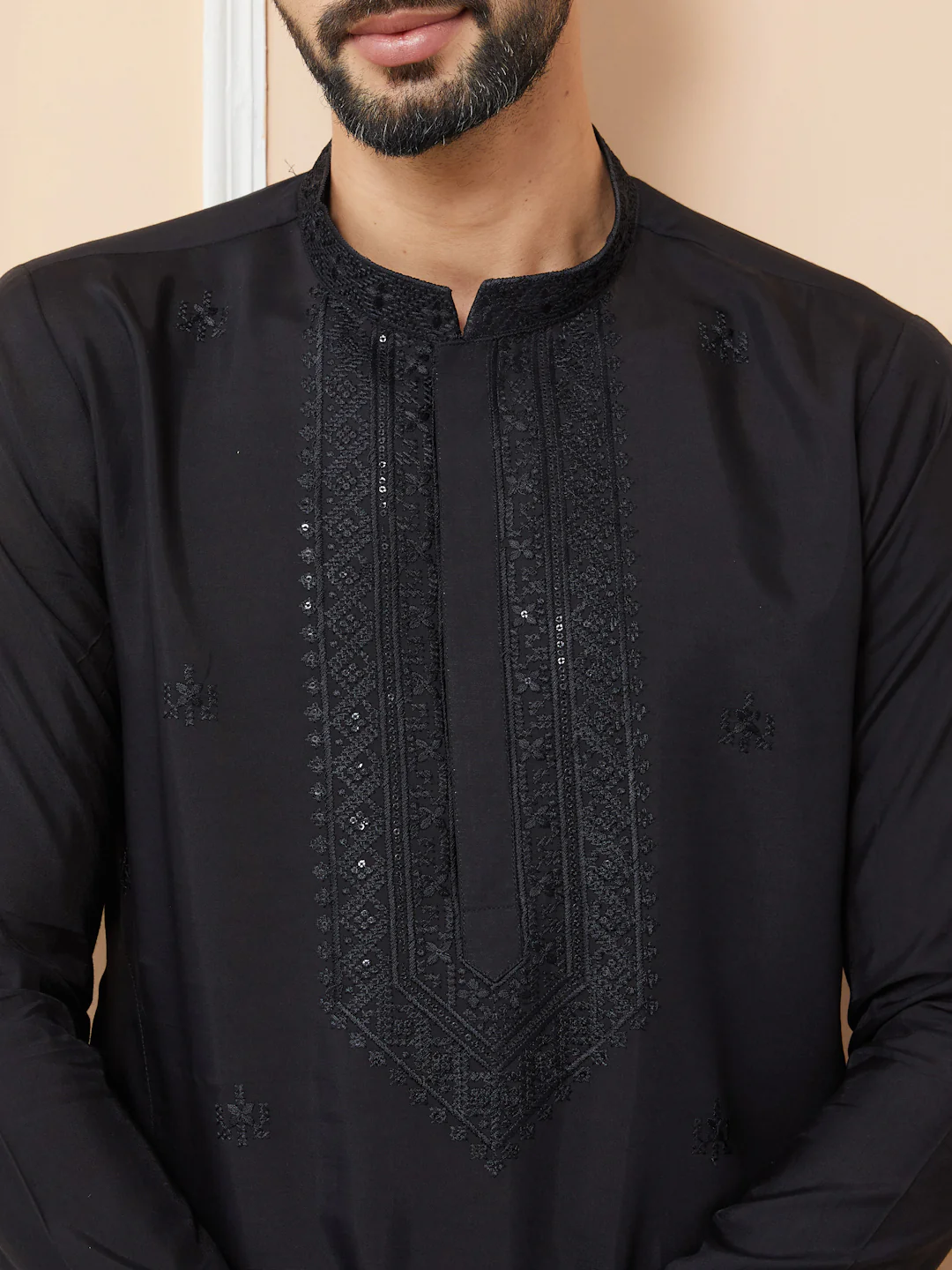 Men Black Embroidered Chanderi Silk Straight Kurta - Image 5