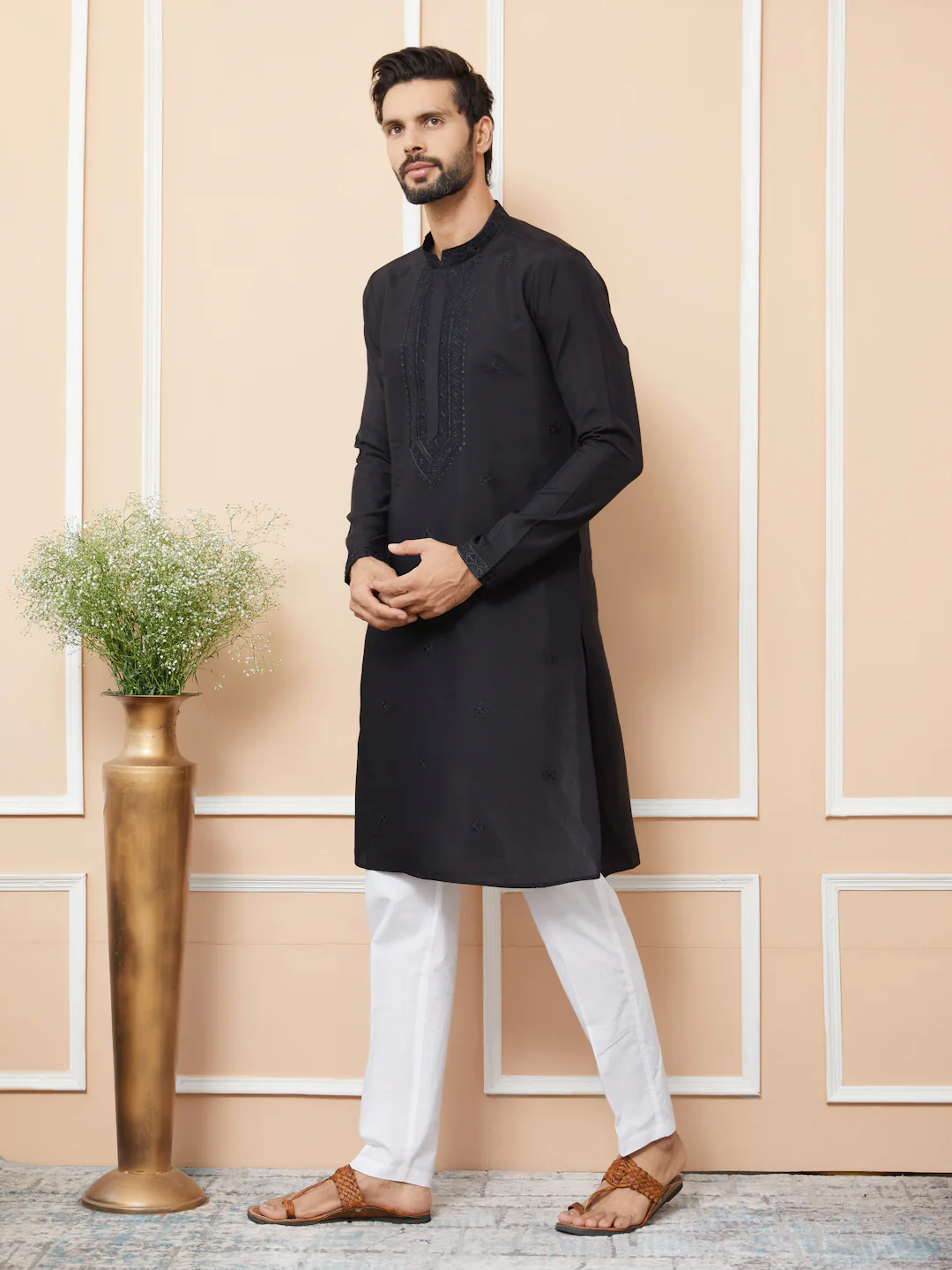 Men Black Embroidered Chanderi Silk Straight Kurta - Image 6