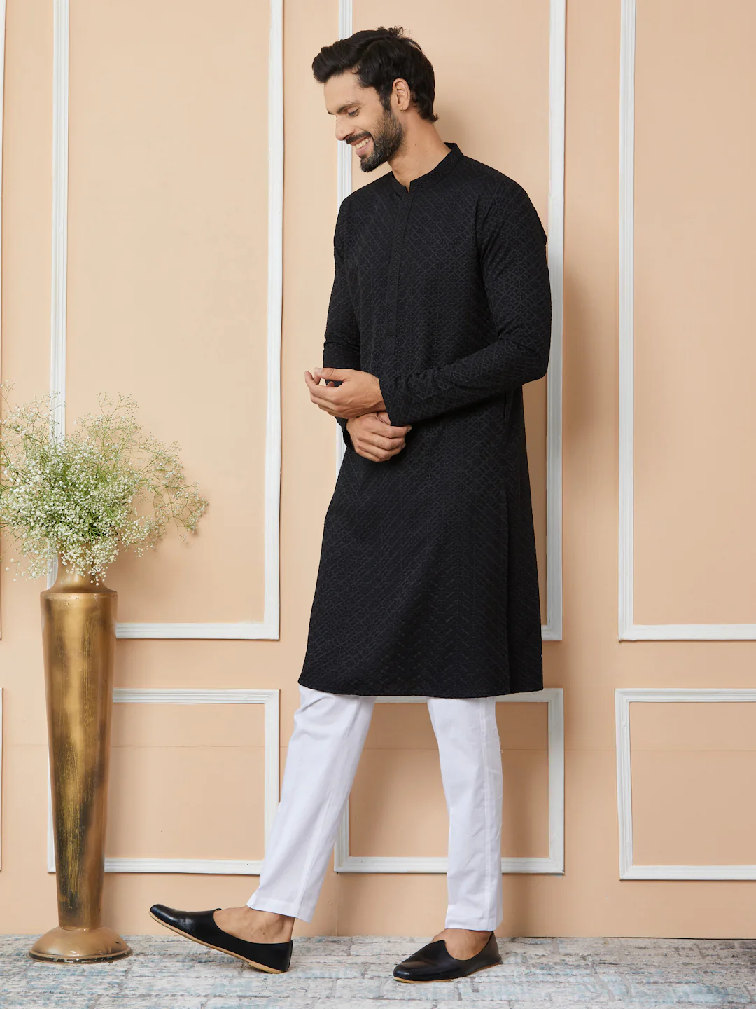 Men Black Embroidered Chikankari Rayon Straight Kurta - Image 2