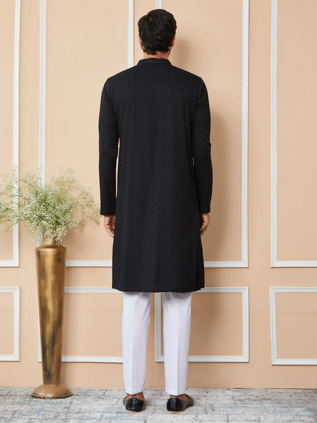 Men Black Embroidered Chikankari Rayon Straight Kurta - Image 3