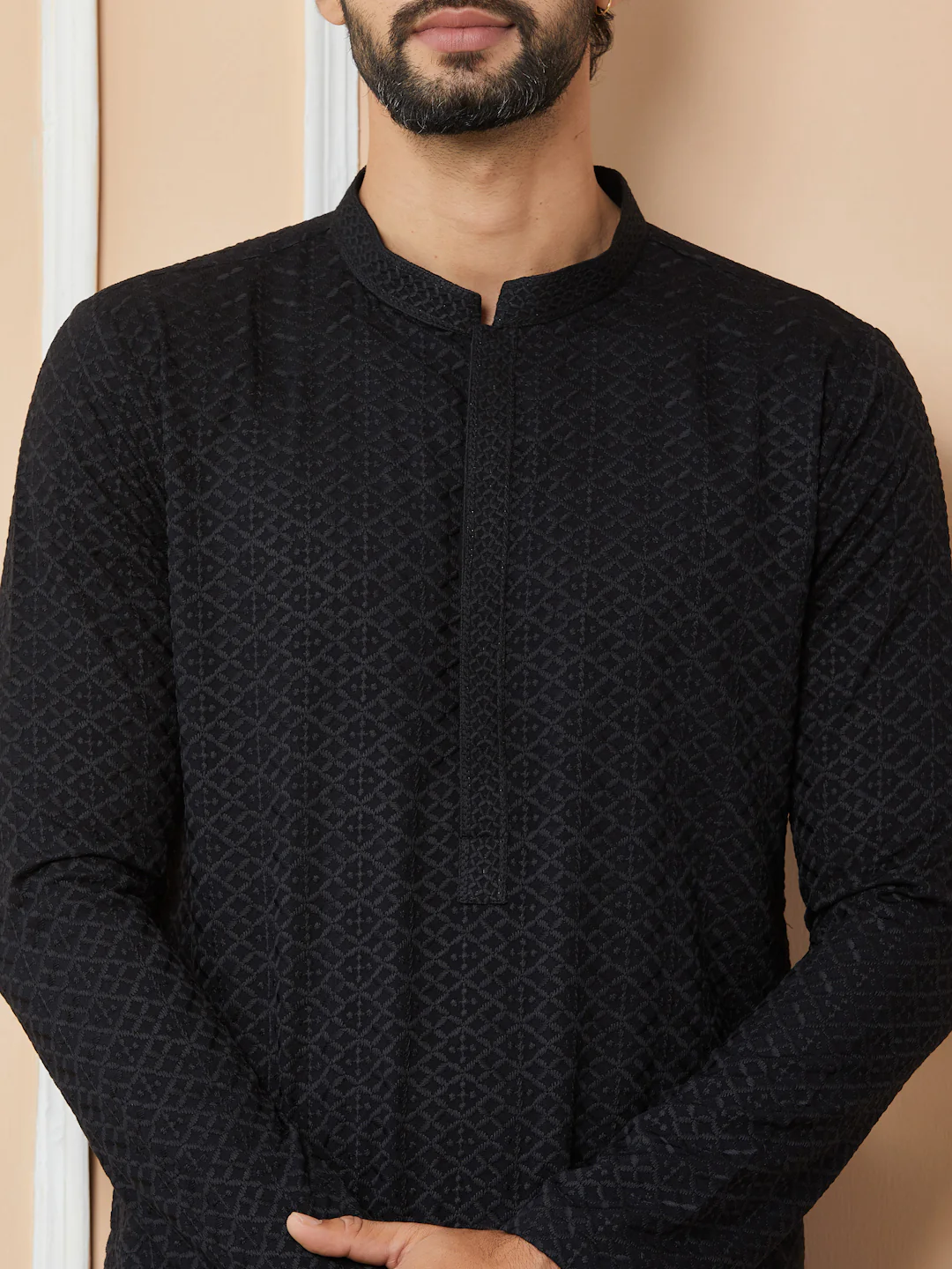 Men Black Embroidered Chikankari Rayon Straight Kurta - Image 4