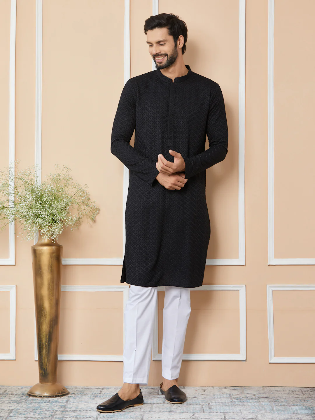 Men Black Embroidered Chikankari Rayon Straight Kurta - Image 5