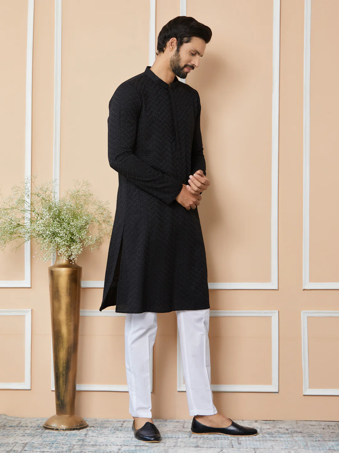 Men Black Embroidered Chikankari Rayon Straight Kurta - Image 6