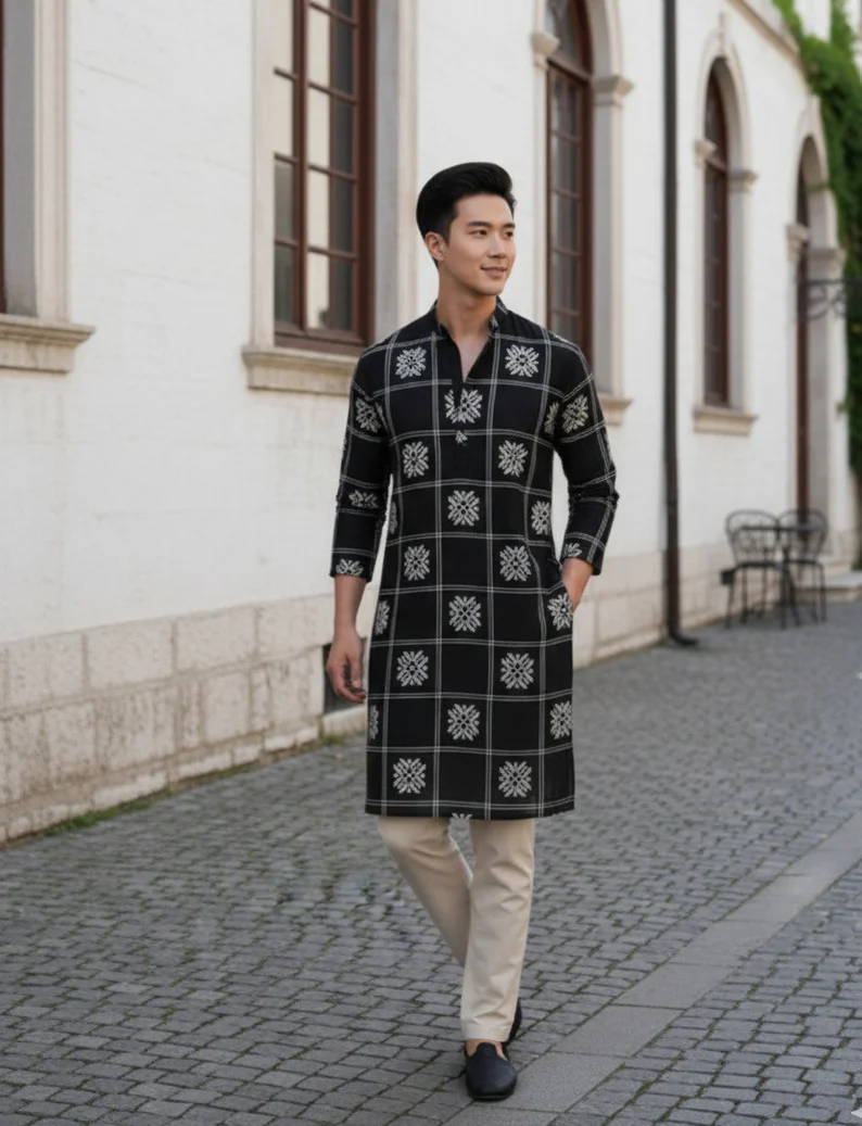 Men Black Embroidered Kurta - Image 3