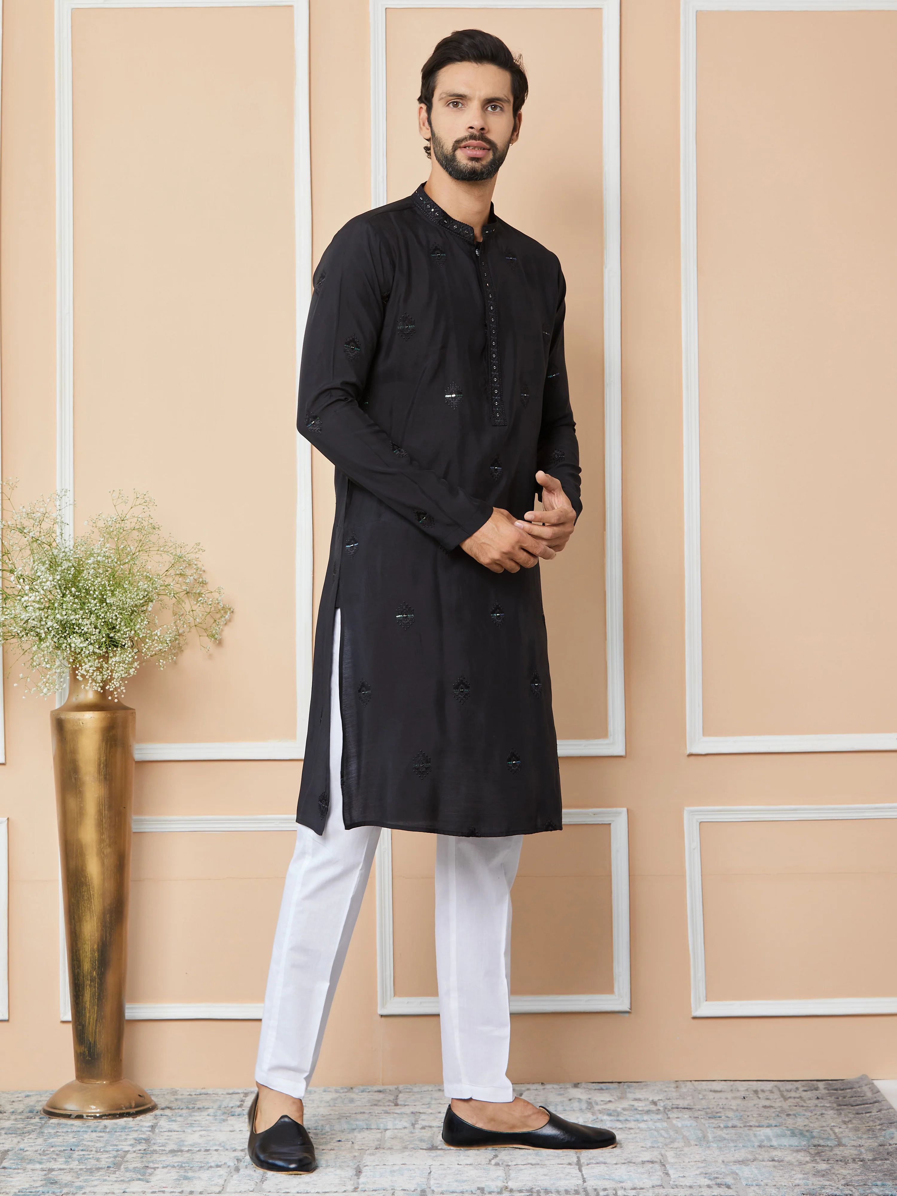 Men Black Embroidered Pure Chanderi Silk Straight Kurta