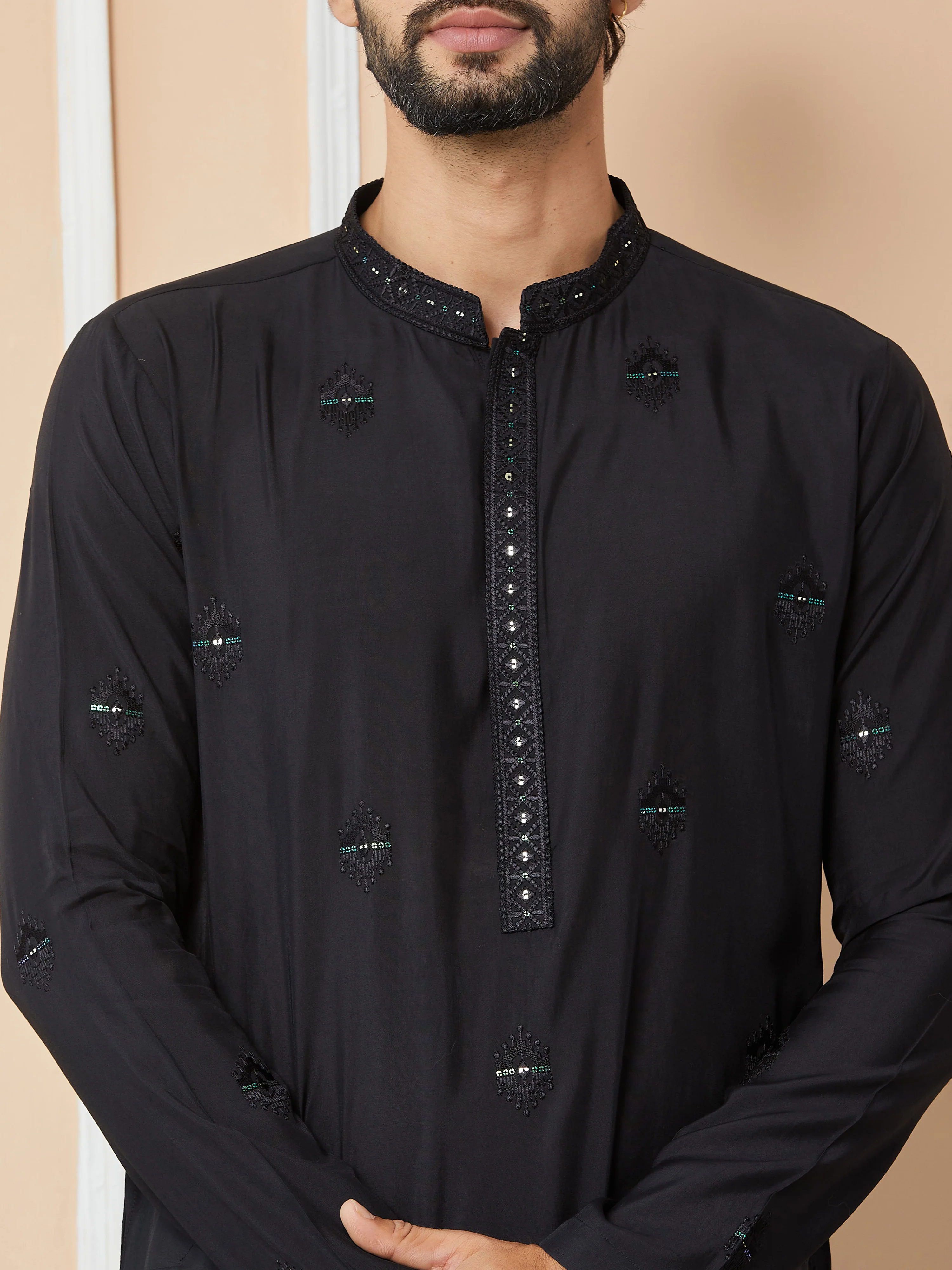 Men Black Embroidered Pure Chanderi Silk Straight Kurta - Image 2
