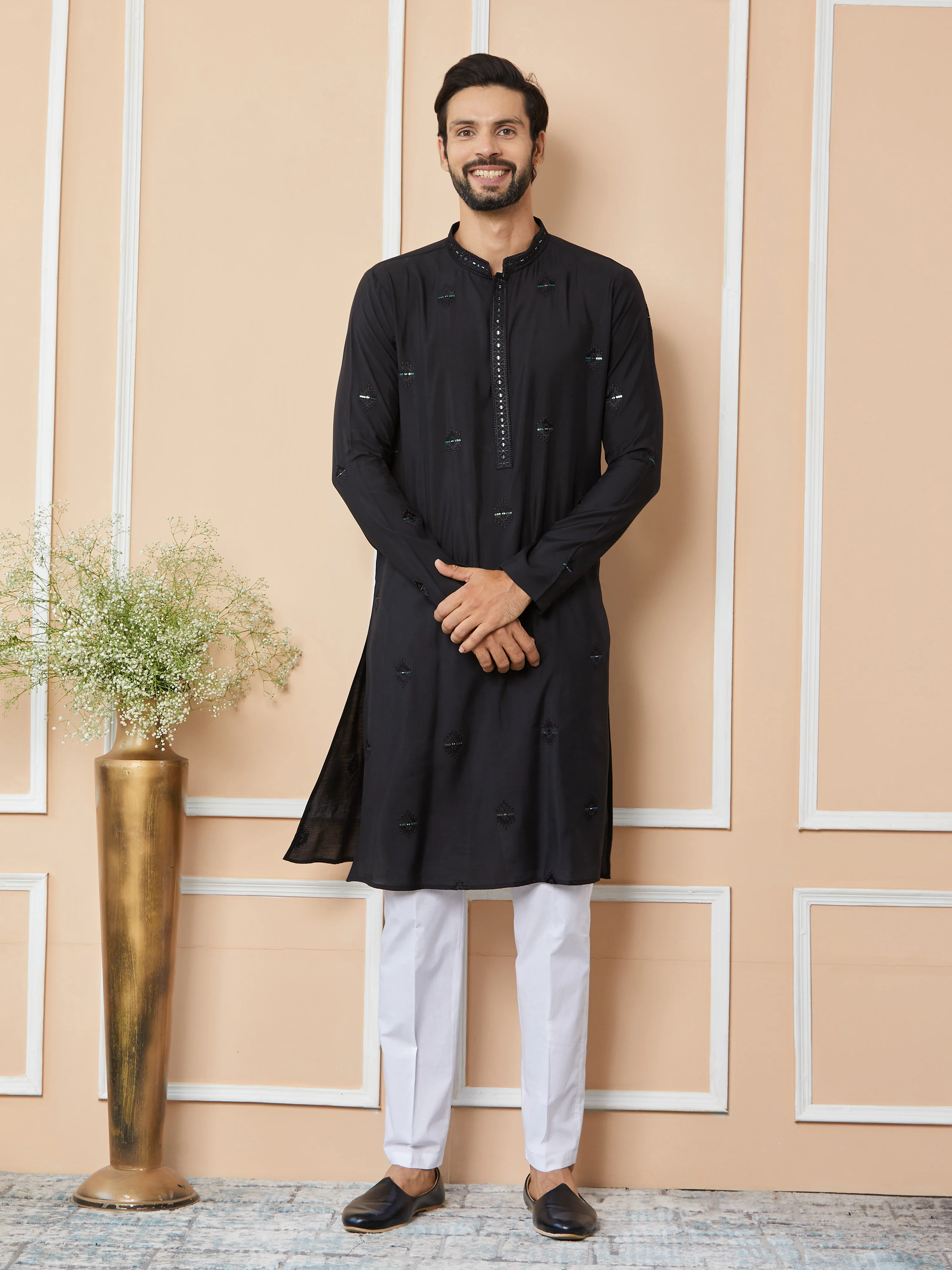 Men Black Embroidered Pure Chanderi Silk Straight Kurta - Image 3