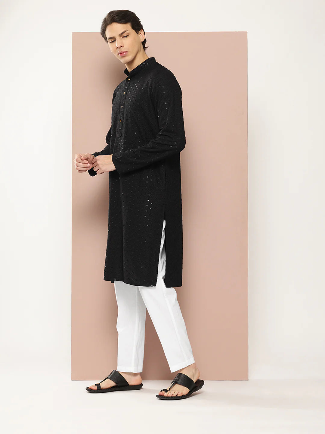 Men Black Embroidered Sequined Rayon Kurta - Image 2
