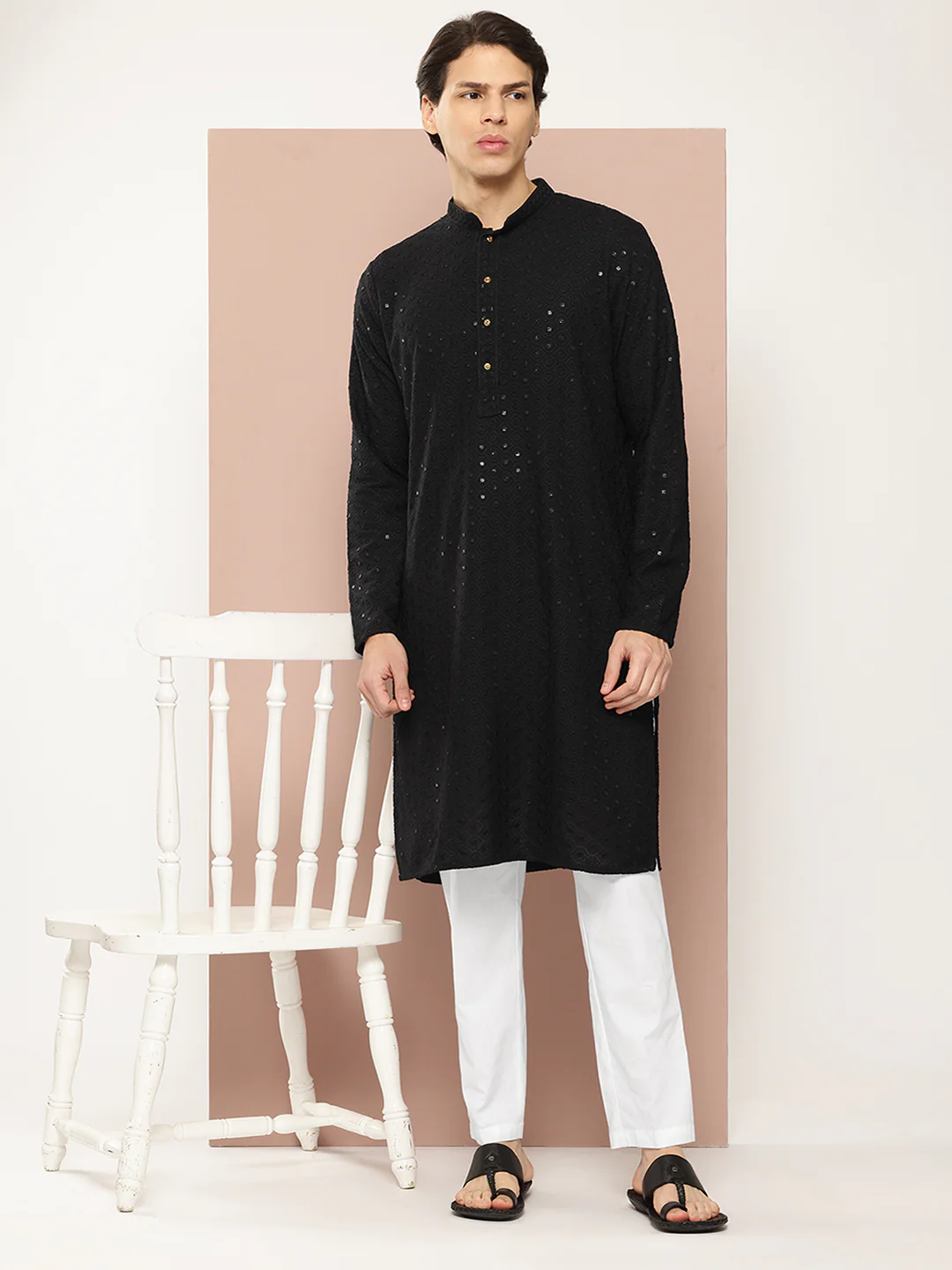 Men Black Embroidered Sequined Rayon Kurta - Image 5