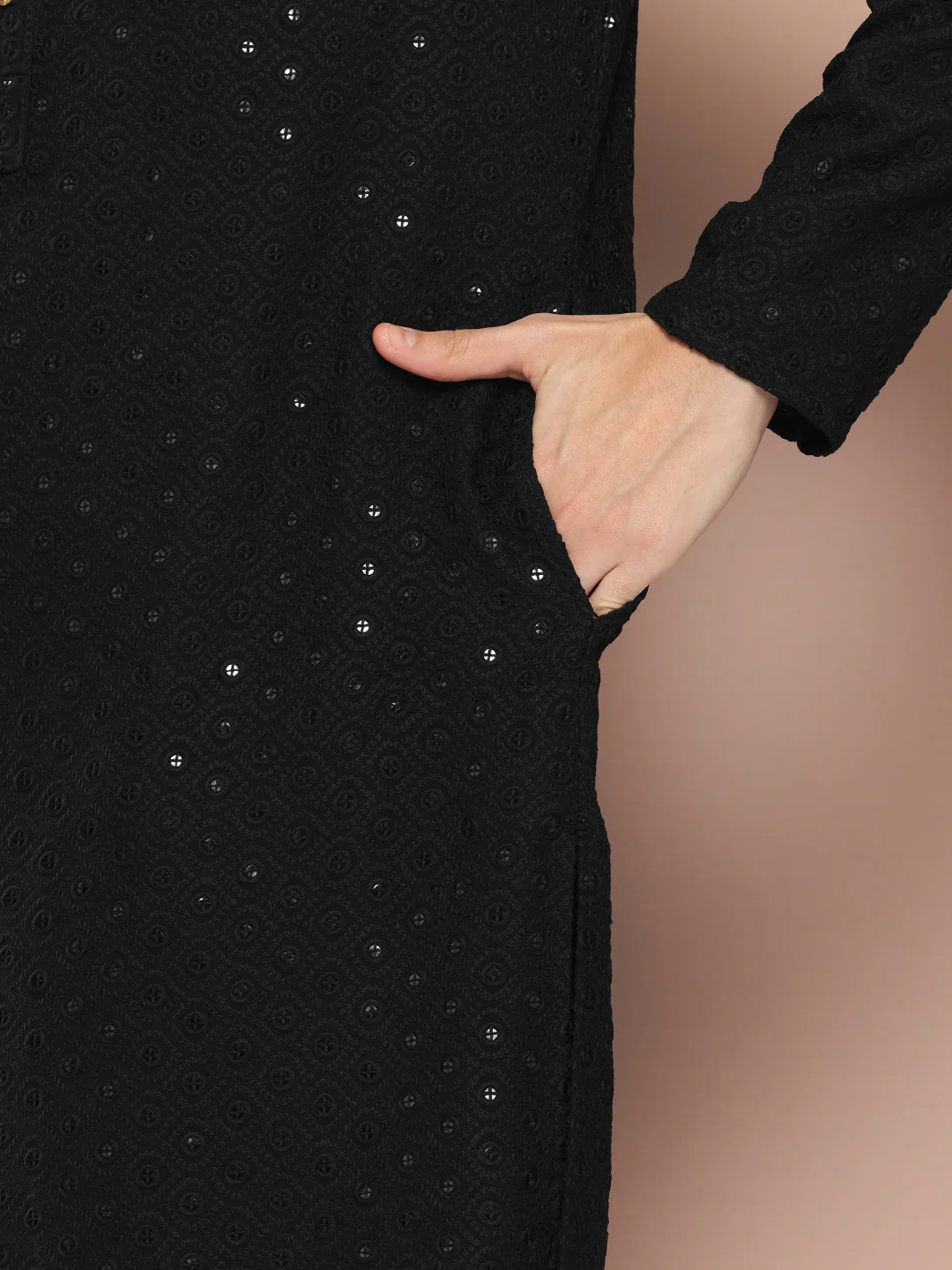 Men Black Embroidered Sequined Rayon Kurta - Image 6