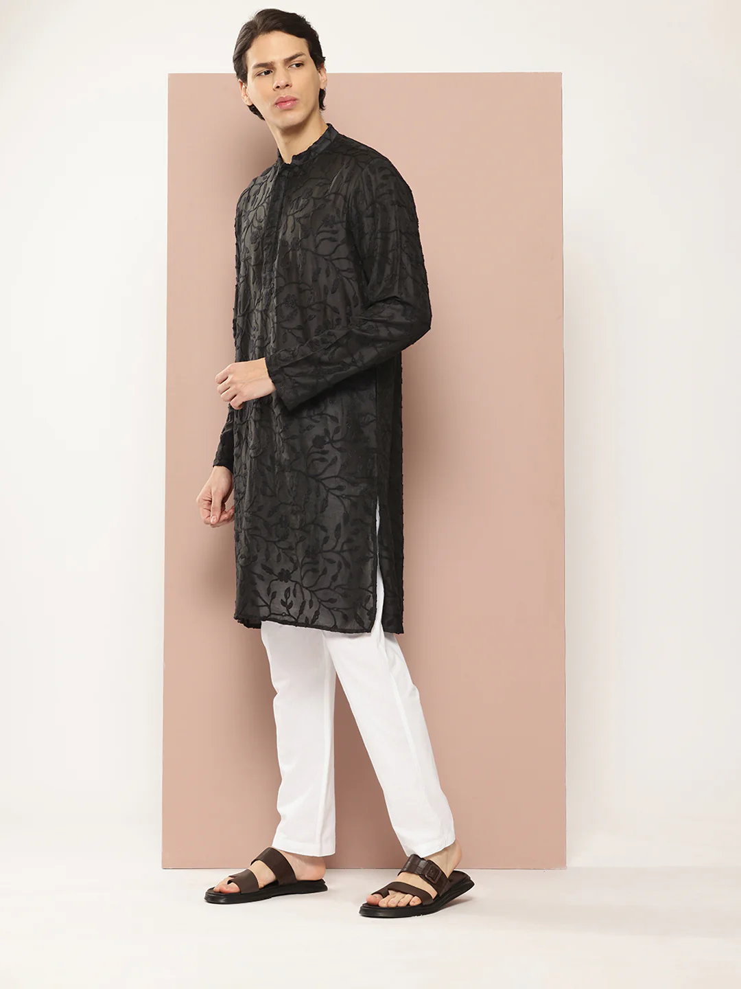 Men Black Embroidered Thread Work Chanderi Silk Straight Kurta - Image 2