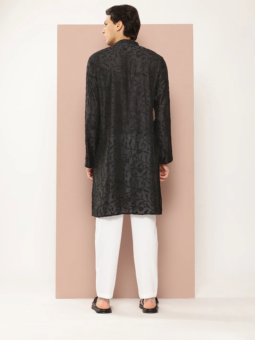 Men Black Embroidered Thread Work Chanderi Silk Straight Kurta - Image 3