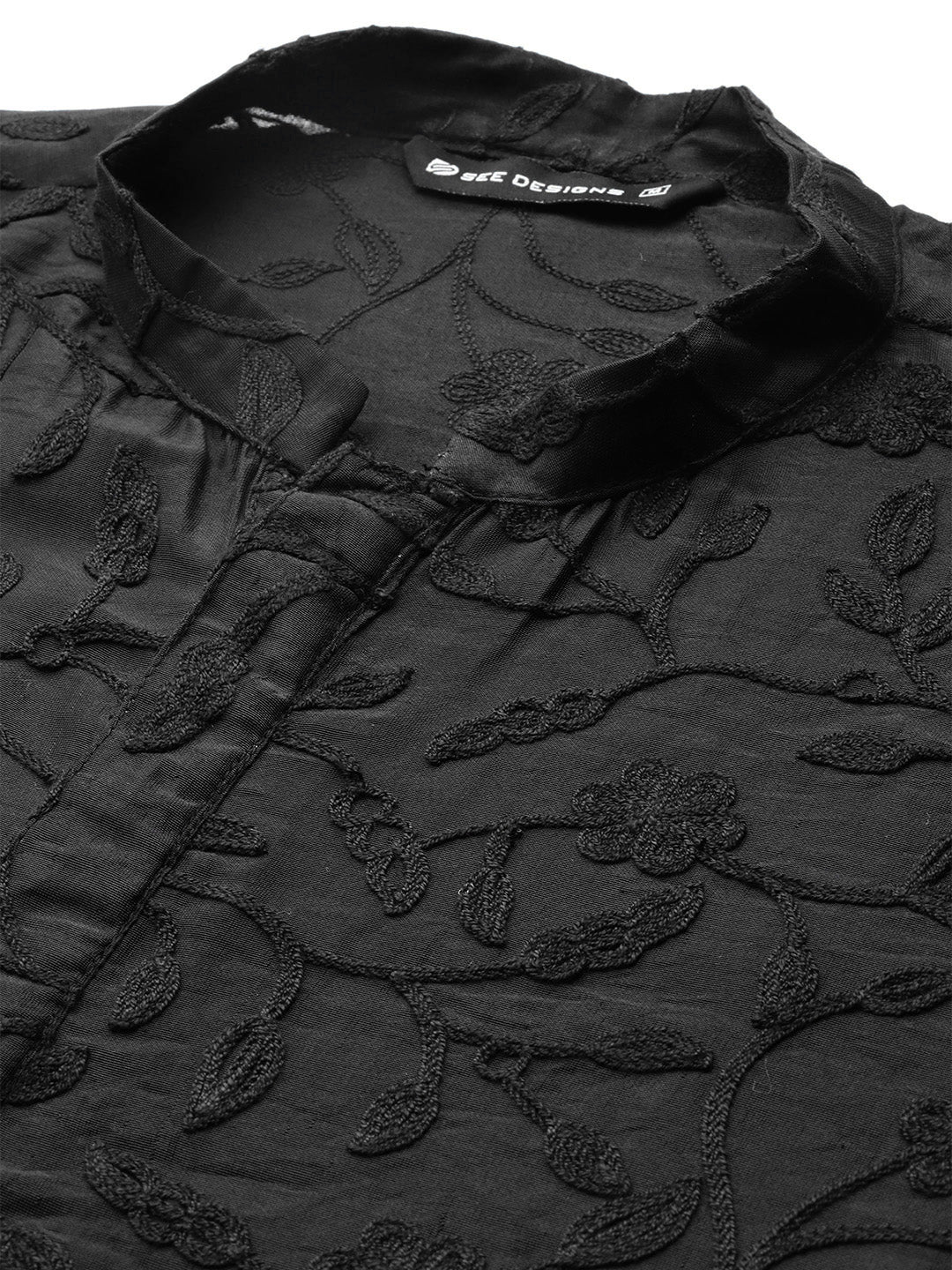 Men Black Embroidered Thread Work Chanderi Silk Straight Kurta - Image 4