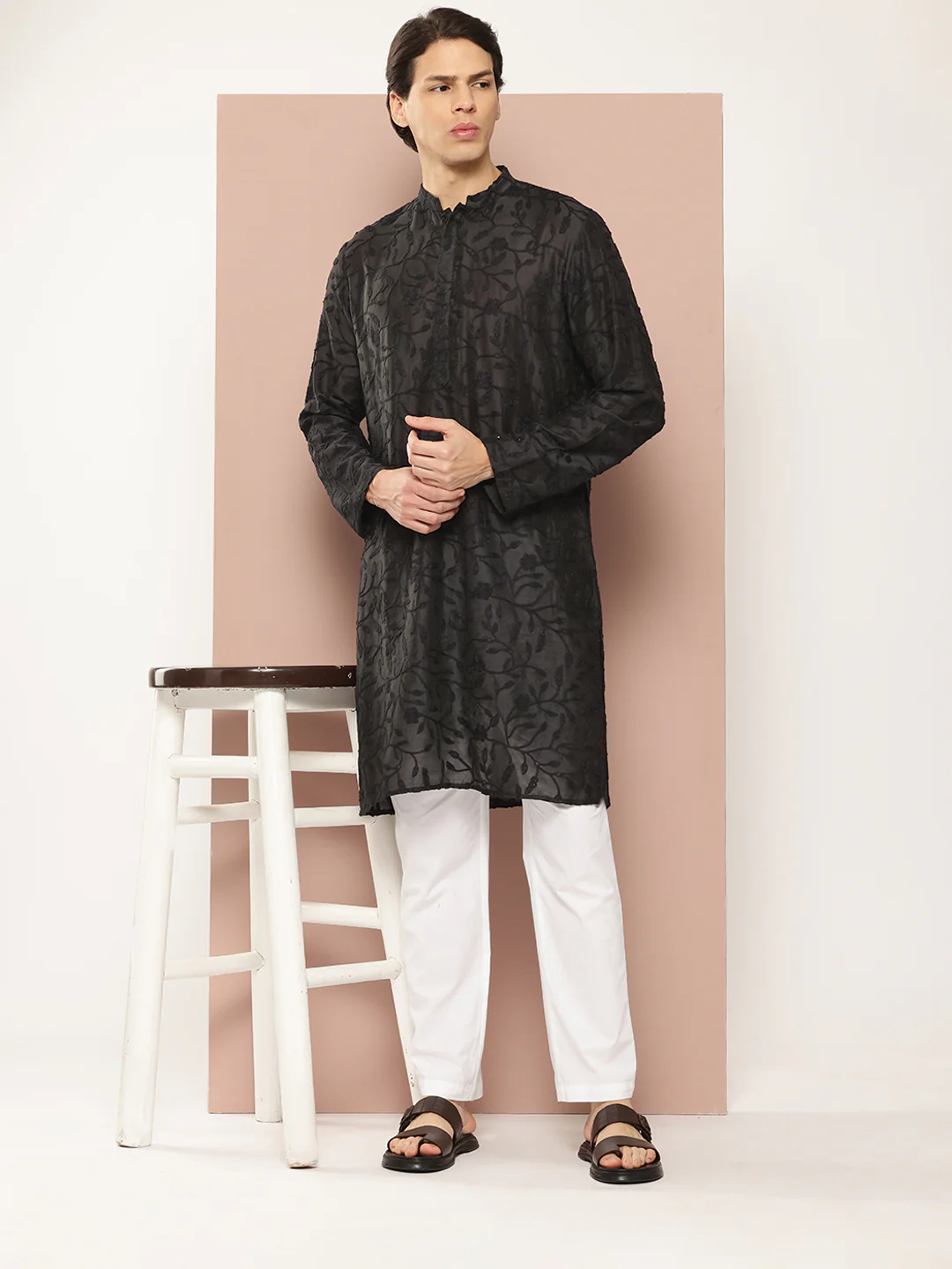 Men Black Embroidered Thread Work Chanderi Silk Straight Kurta - Image 5