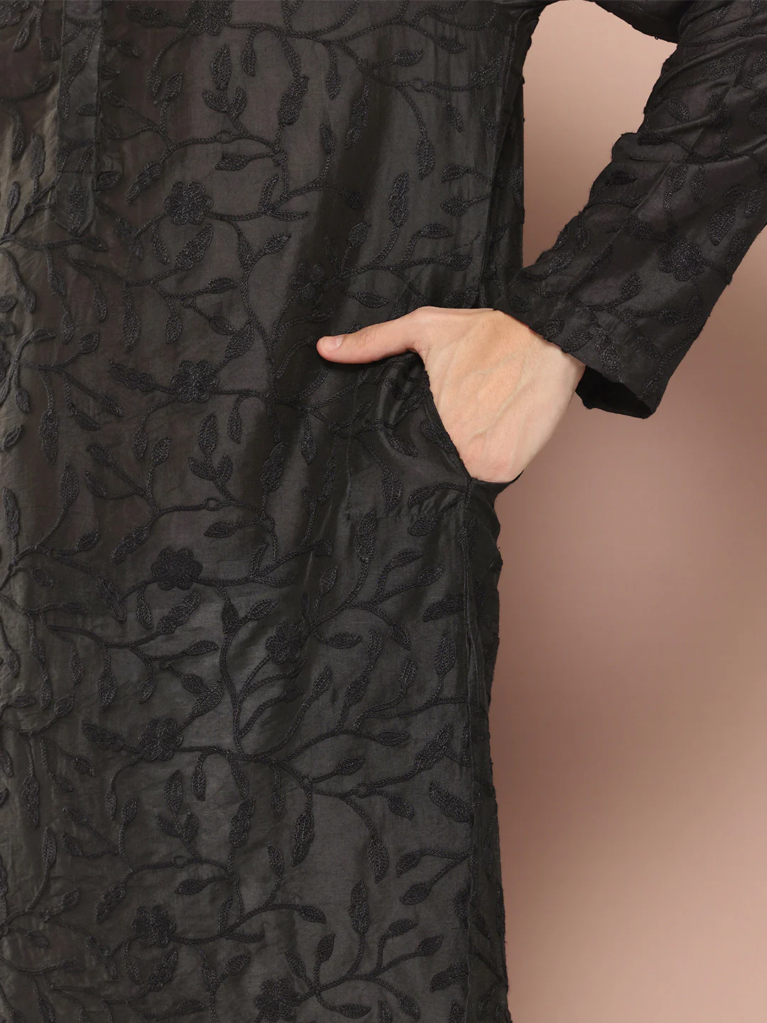 Men Black Embroidered Thread Work Chanderi Silk Straight Kurta - Image 6
