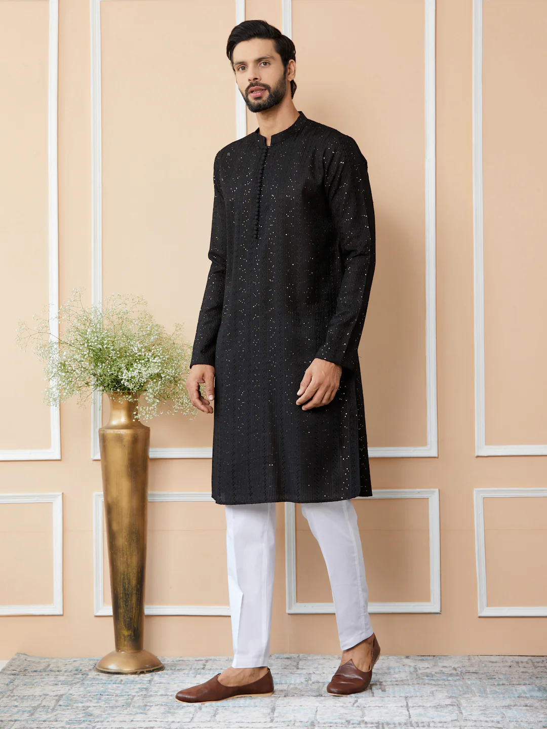Men Black Embroidered Thread Work Sequinned Chanderi Silk Straight Kurta - Image 2