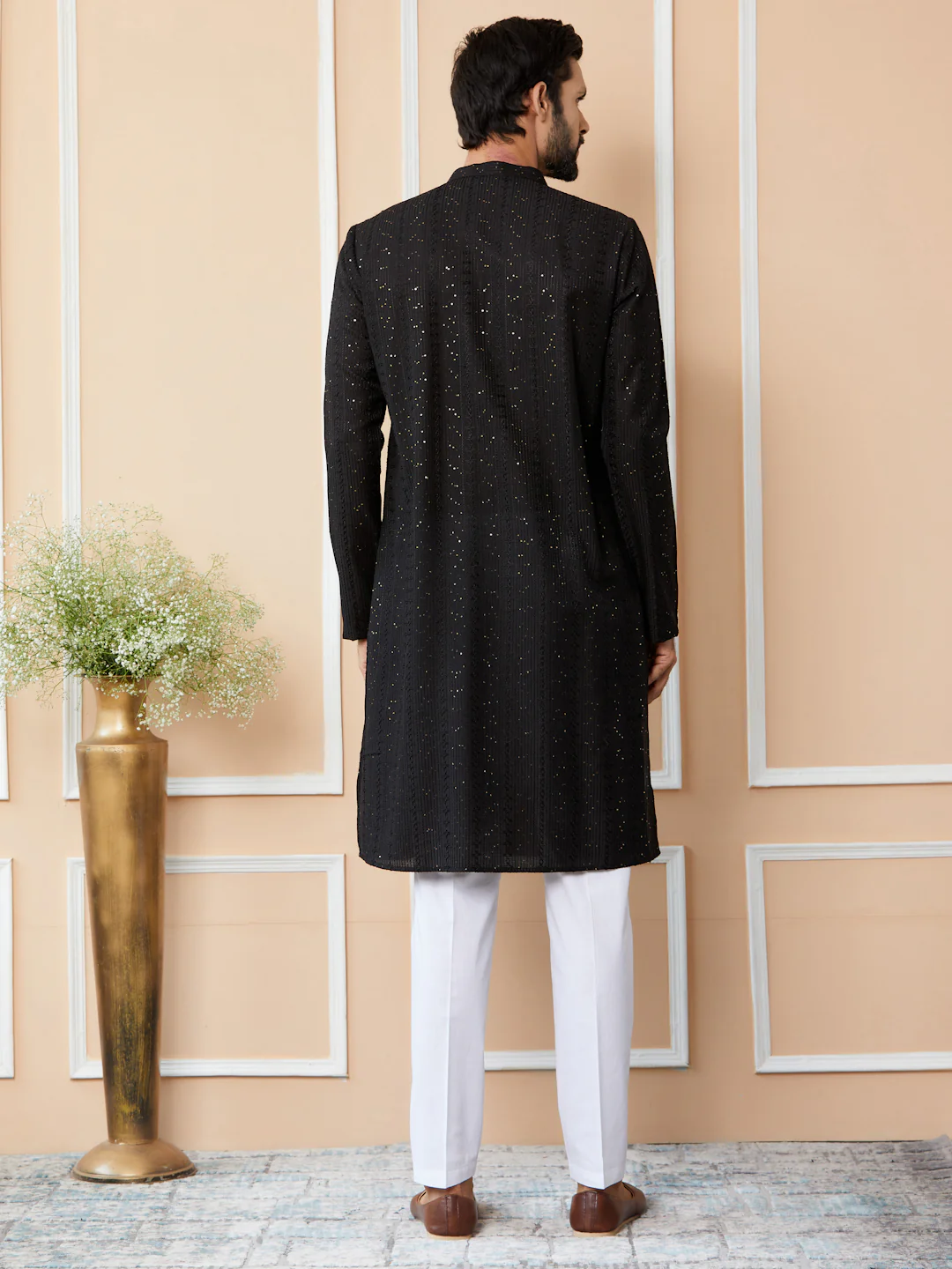 Men Black Embroidered Thread Work Sequinned Chanderi Silk Straight Kurta - Image 3
