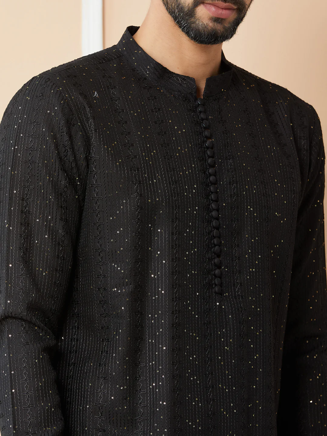 Men Black Embroidered Thread Work Sequinned Chanderi Silk Straight Kurta - Image 4