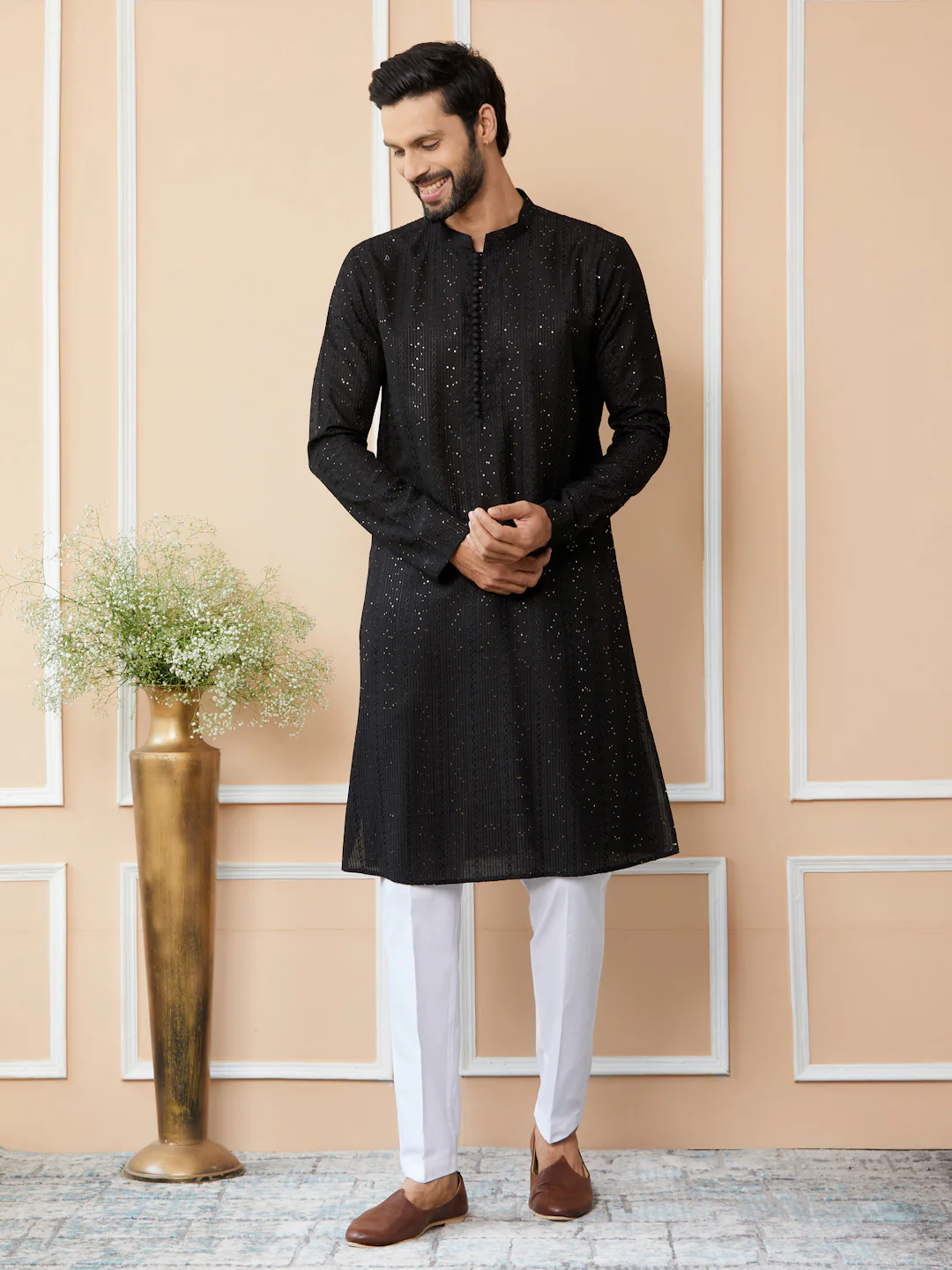 Men Black Embroidered Thread Work Sequinned Chanderi Silk Straight Kurta - Image 5