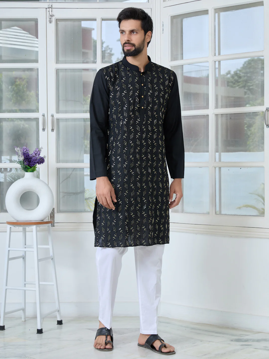 Men Black Ethnic Motifs Embroidered Sequinned Mandarin Collar Straight Kurta - Image 6