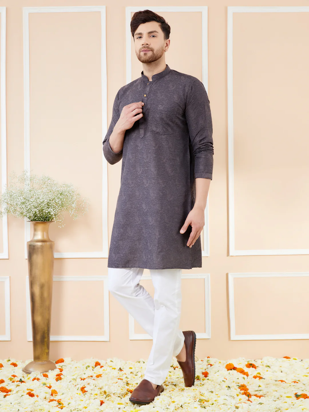 Men Black Ethnic Motifs Silk Jacquard Woven Design Straight Kurta - Image 3