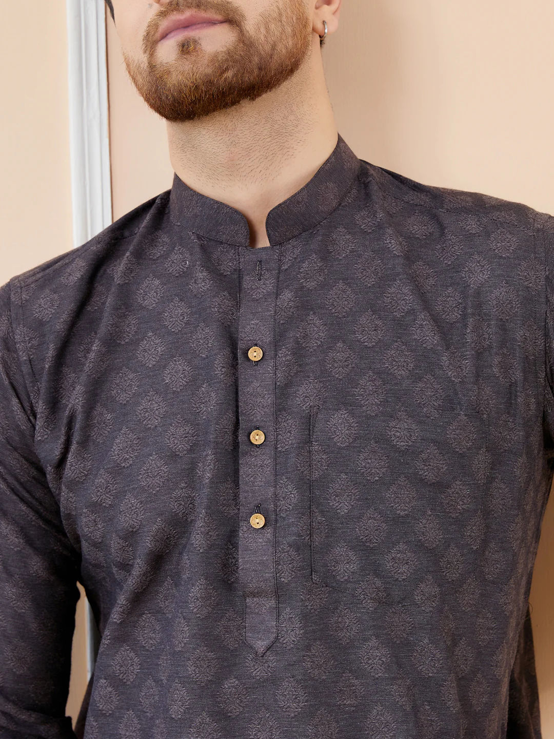 Men Black Ethnic Motifs Silk Jacquard Woven Design Straight Kurta - Image 2