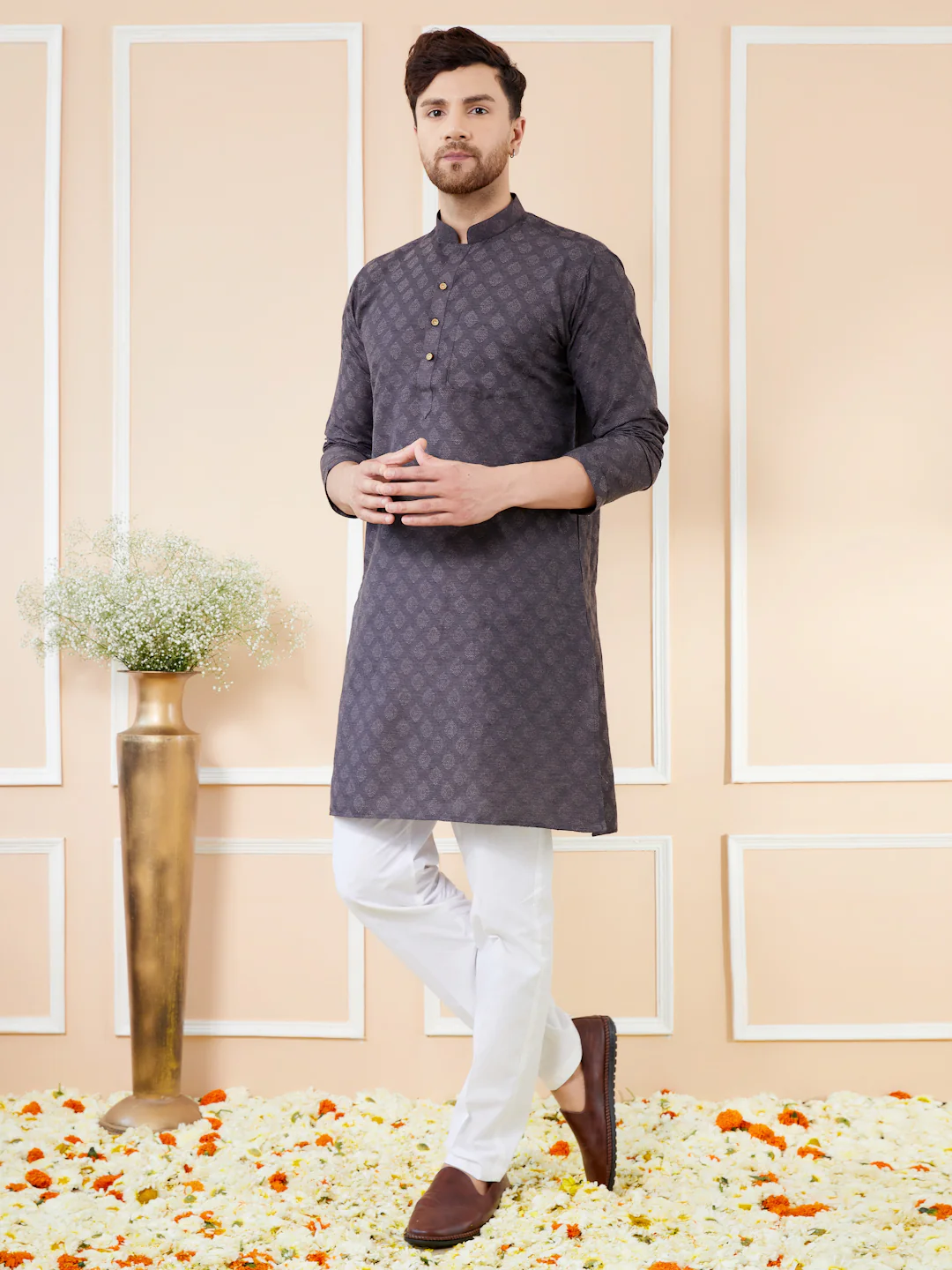 Men Black Ethnic Motifs Silk Jacquard Woven Design Straight Kurta - Image 3
