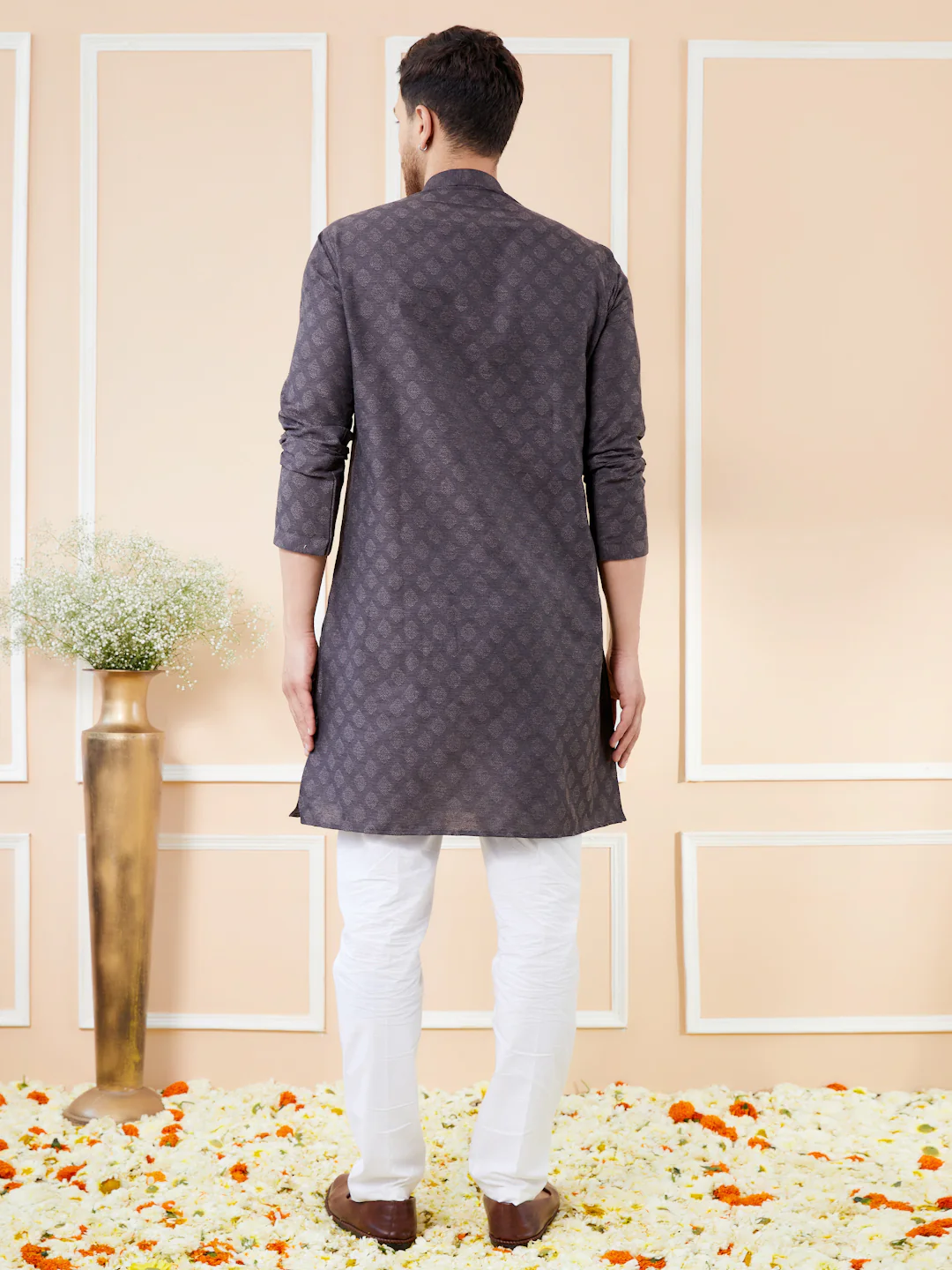 Men Black Ethnic Motifs Silk Jacquard Woven Design Straight Kurta - Image 4