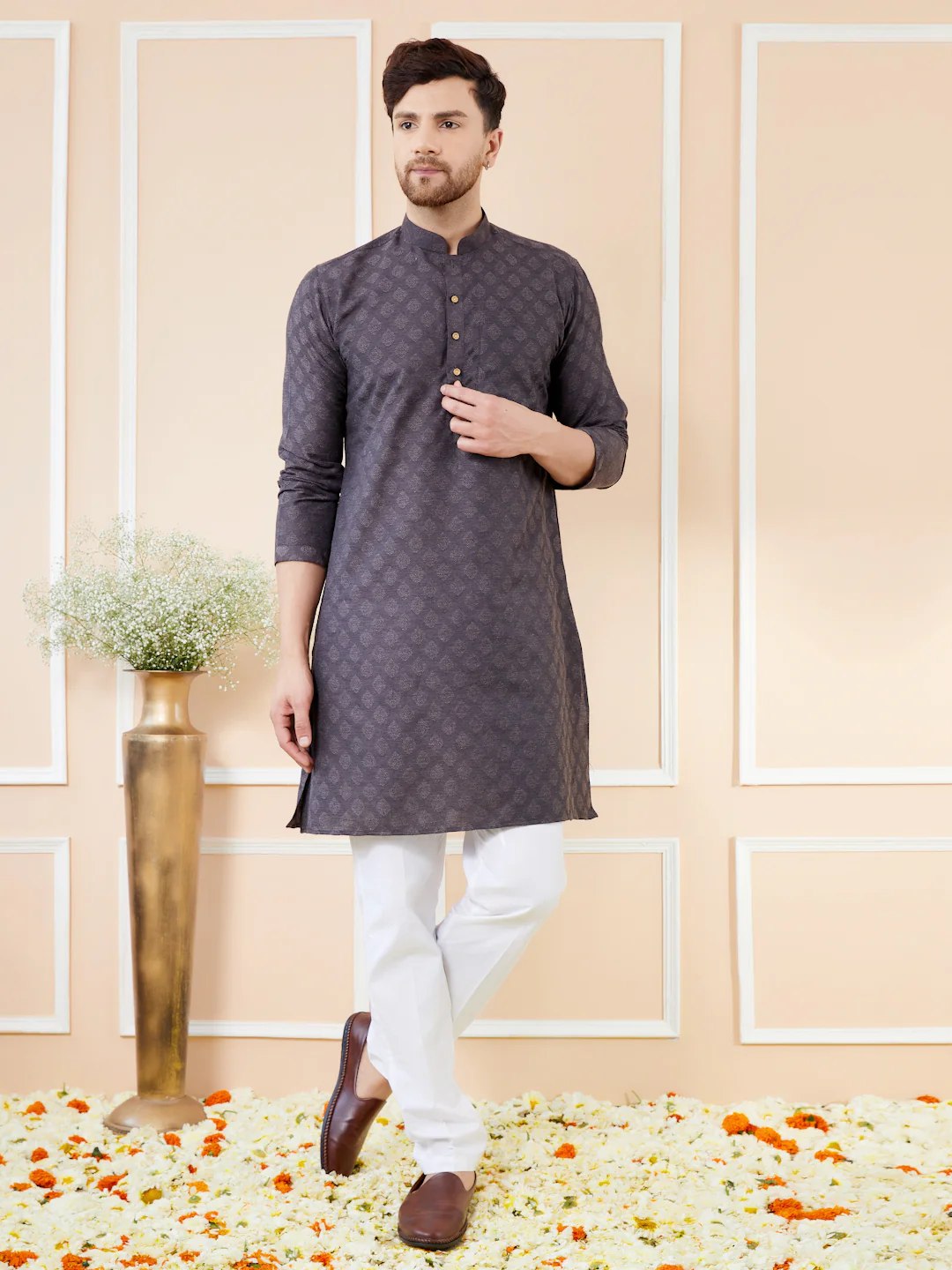 Men Black Ethnic Motifs Silk Jacquard Woven Design Straight Kurta - Image 5