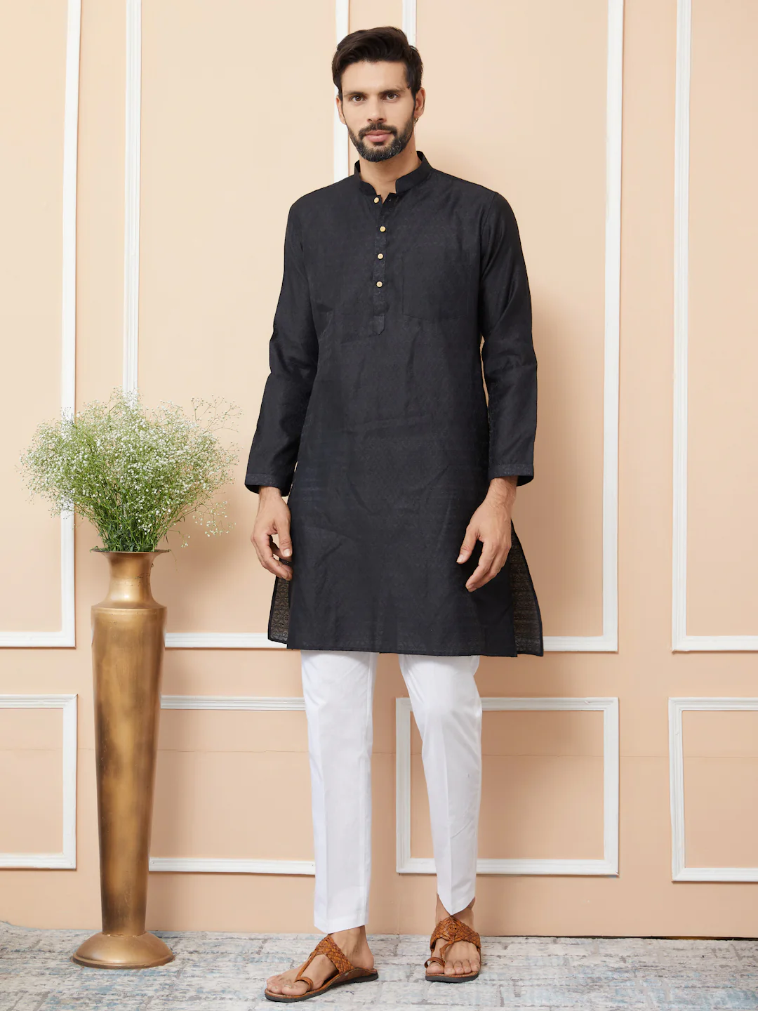 Men Black Ethnic Motifs Silk Jacquard Woven Design Straight Kurta - Image 2