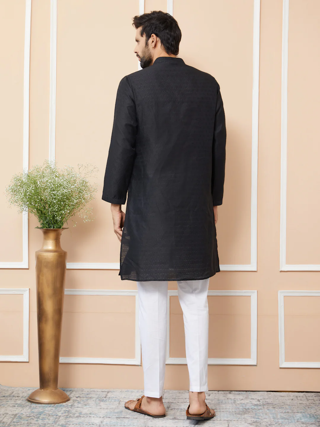 Men Black Ethnic Motifs Silk Jacquard Woven Design Straight Kurta - Image 3