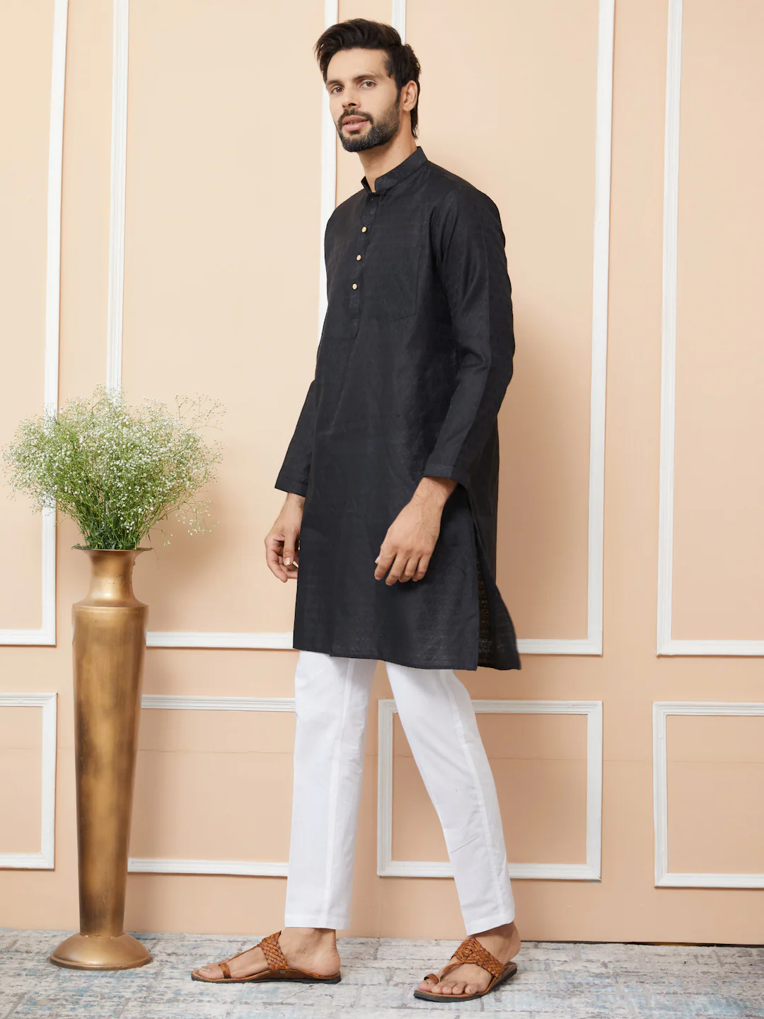 Men Black Ethnic Motifs Silk Jacquard Woven Design Straight Kurta - Image 4