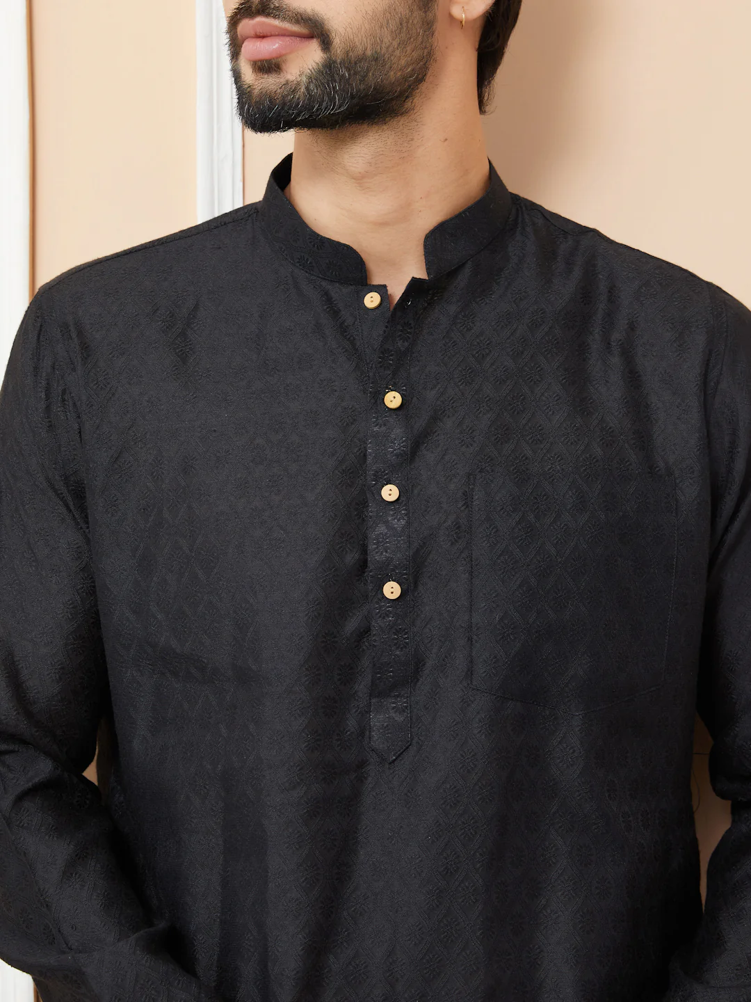 Men Black Ethnic Motifs Silk Jacquard Woven Design Straight Kurta - Image 5