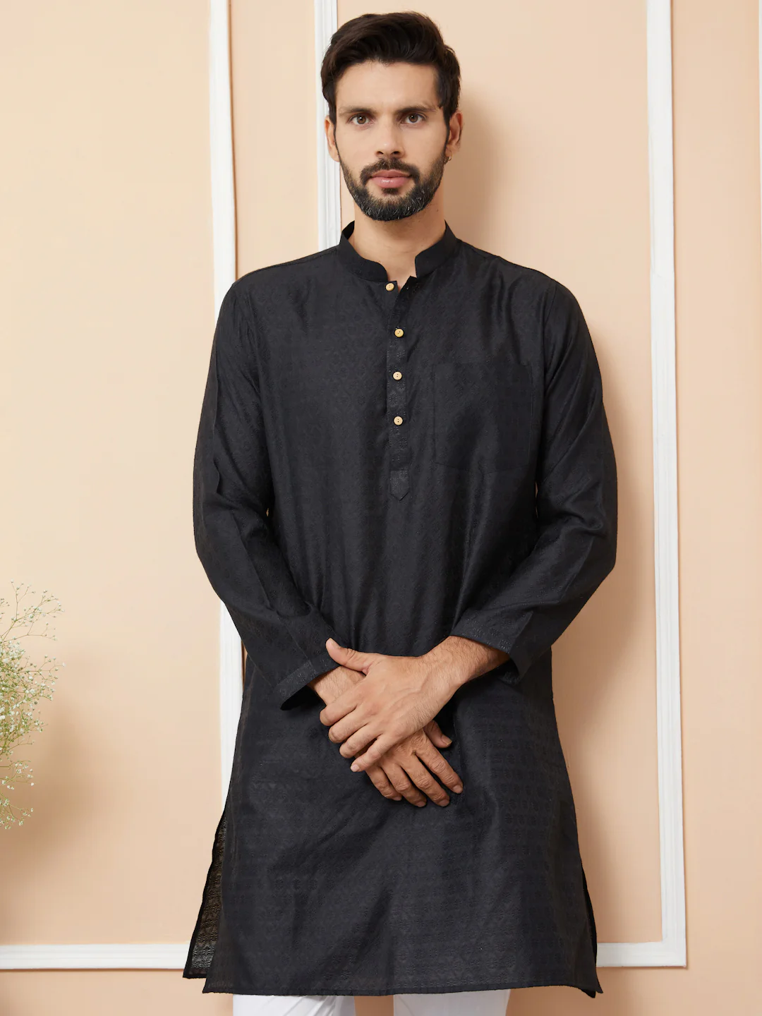 Men Black Ethnic Motifs Silk Jacquard Woven Design Straight Kurta - Image 6