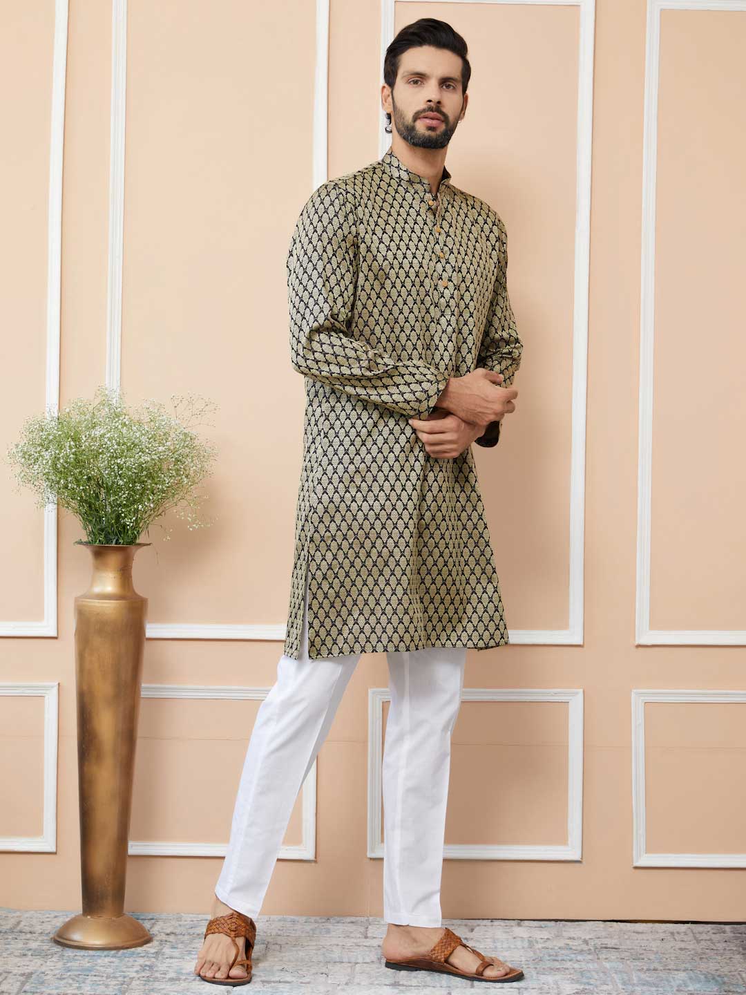 Men Black Ethnic Motifs Silk Jacquard Woven Design Straight Kurta - Image 2