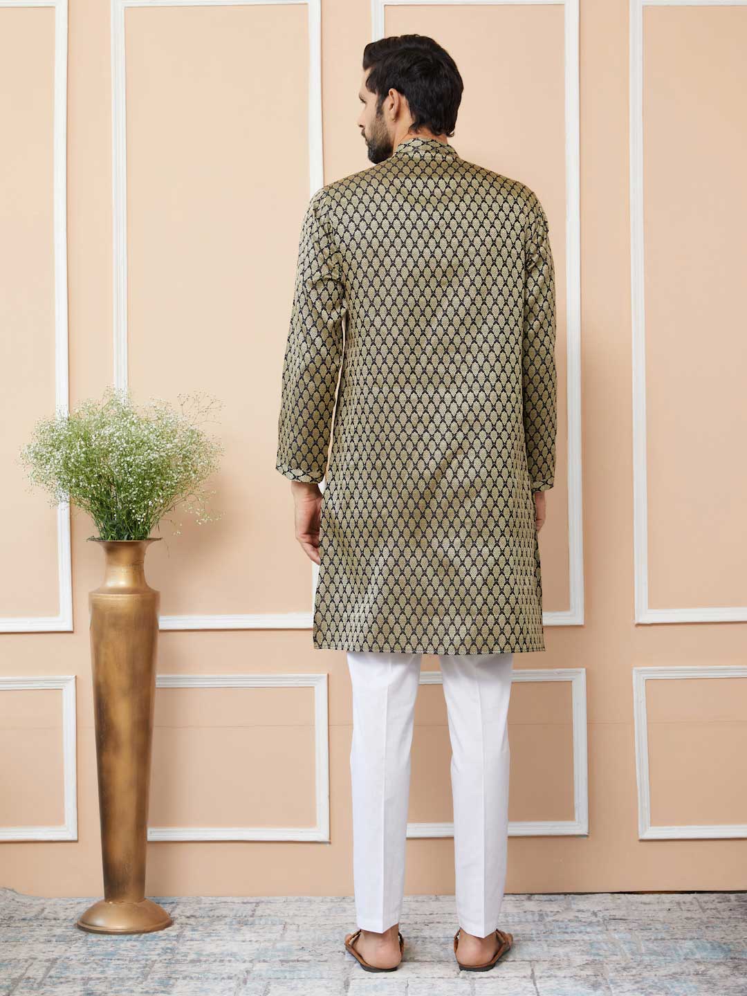 Men Black Ethnic Motifs Silk Jacquard Woven Design Straight Kurta - Image 3