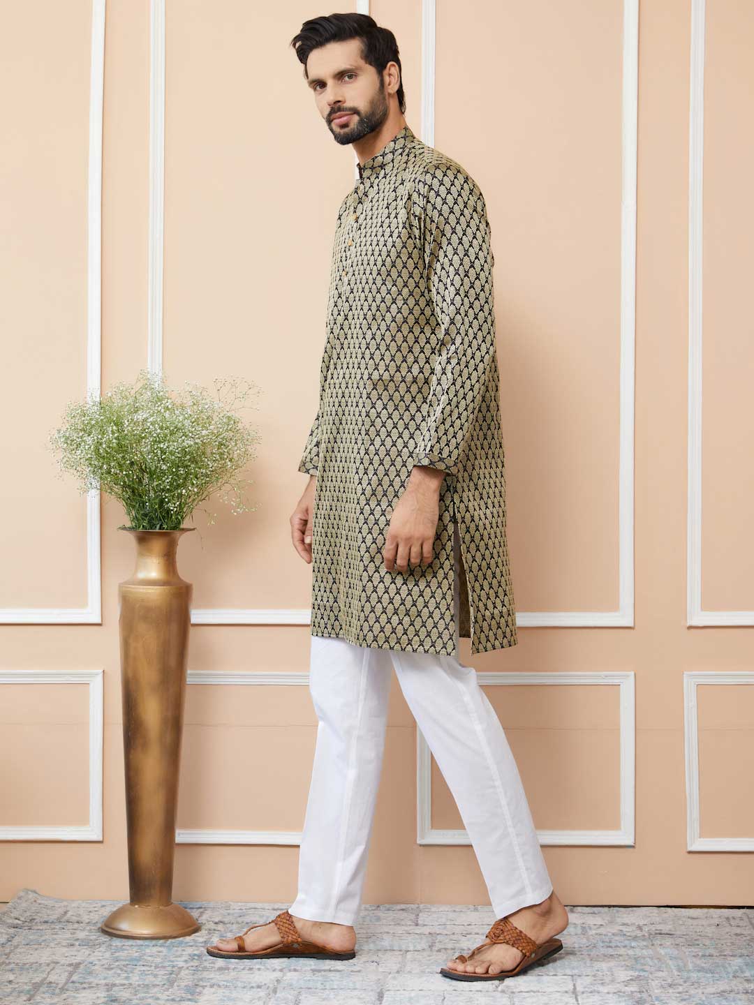 Men Black Ethnic Motifs Silk Jacquard Woven Design Straight Kurta - Image 4