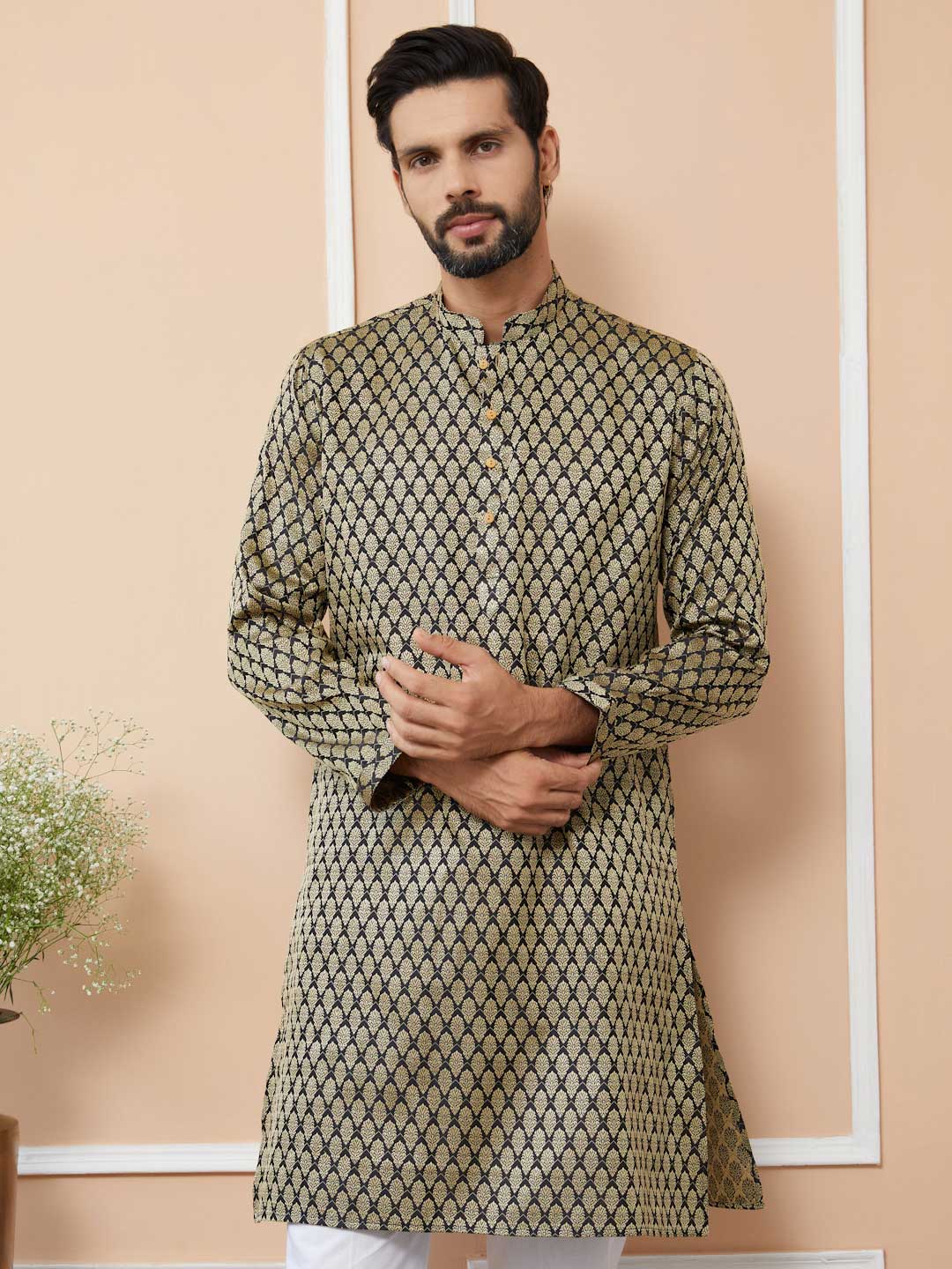 Men Black Ethnic Motifs Silk Jacquard Woven Design Straight Kurta - Image 5