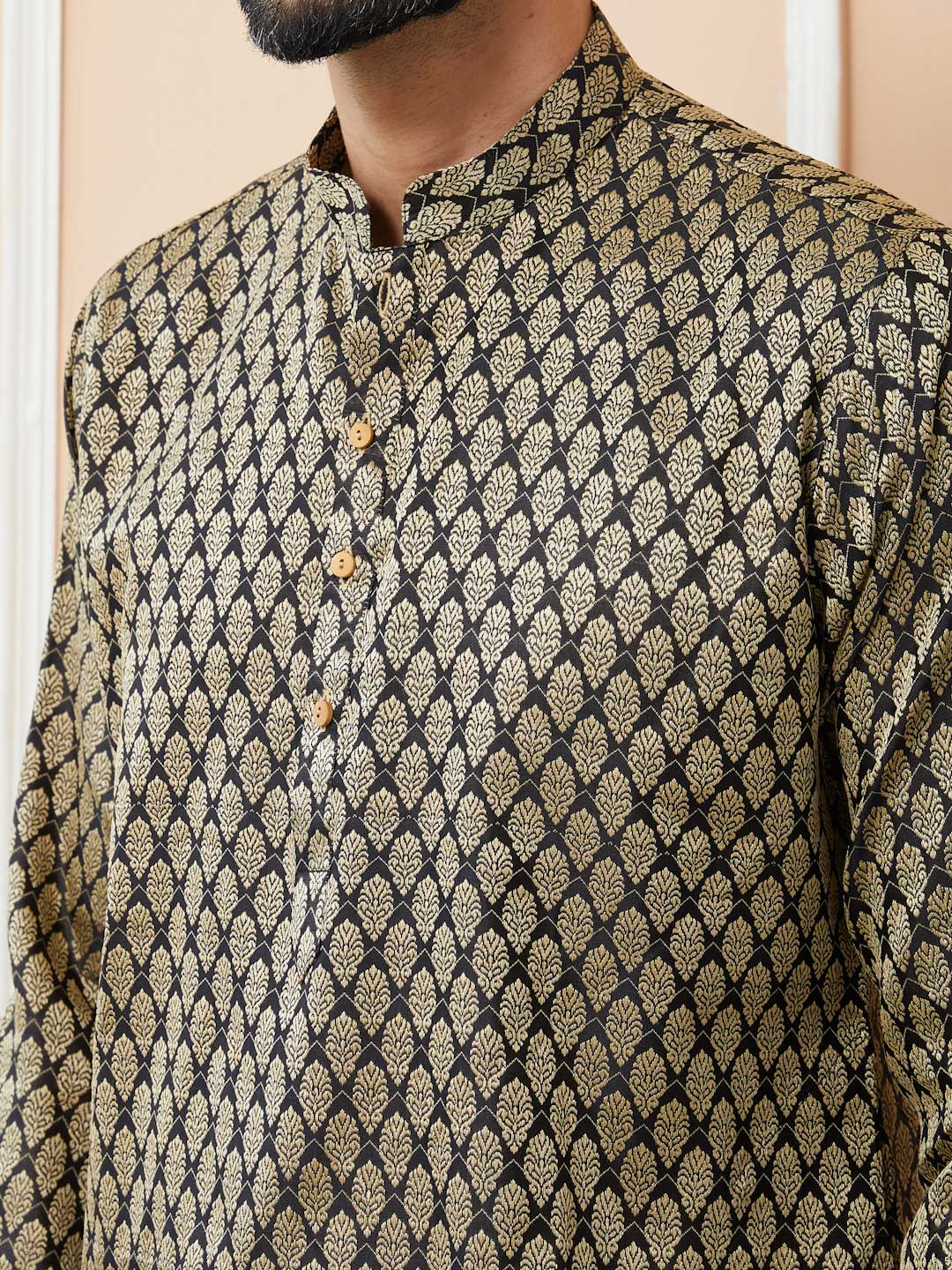 Men Black Ethnic Motifs Silk Jacquard Woven Design Straight Kurta - Image 6