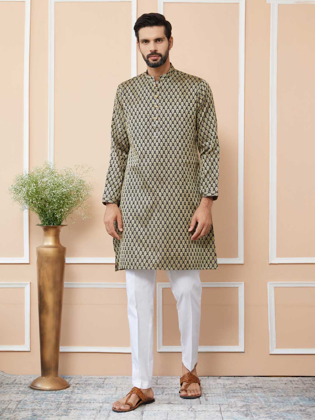 Men Black Ethnic Motifs Silk Jacquard Woven Design Straight Kurta - Image 7