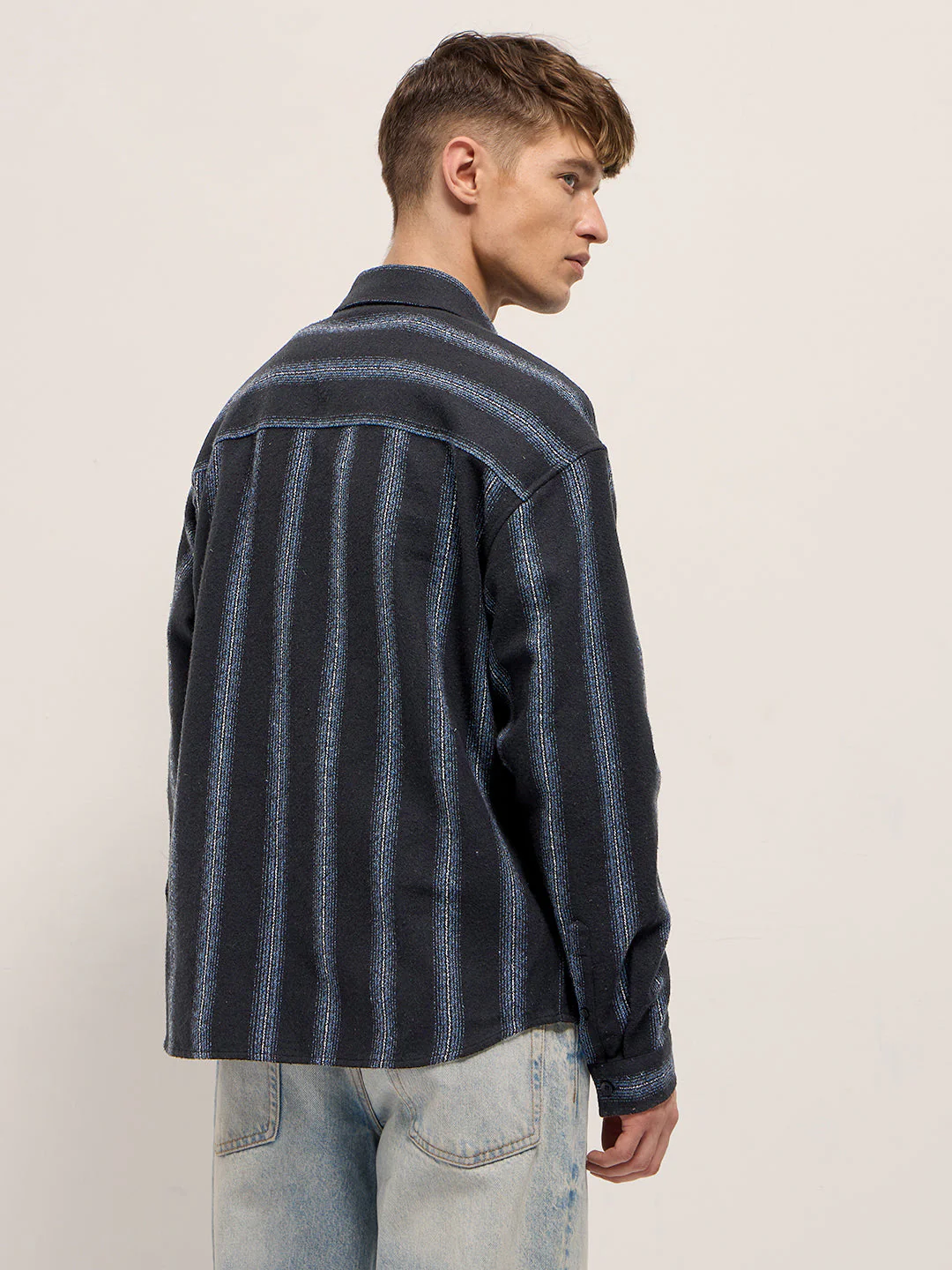 Men Black Flannel Striped Woven Relaxed Fit Overshirt - Image 2
